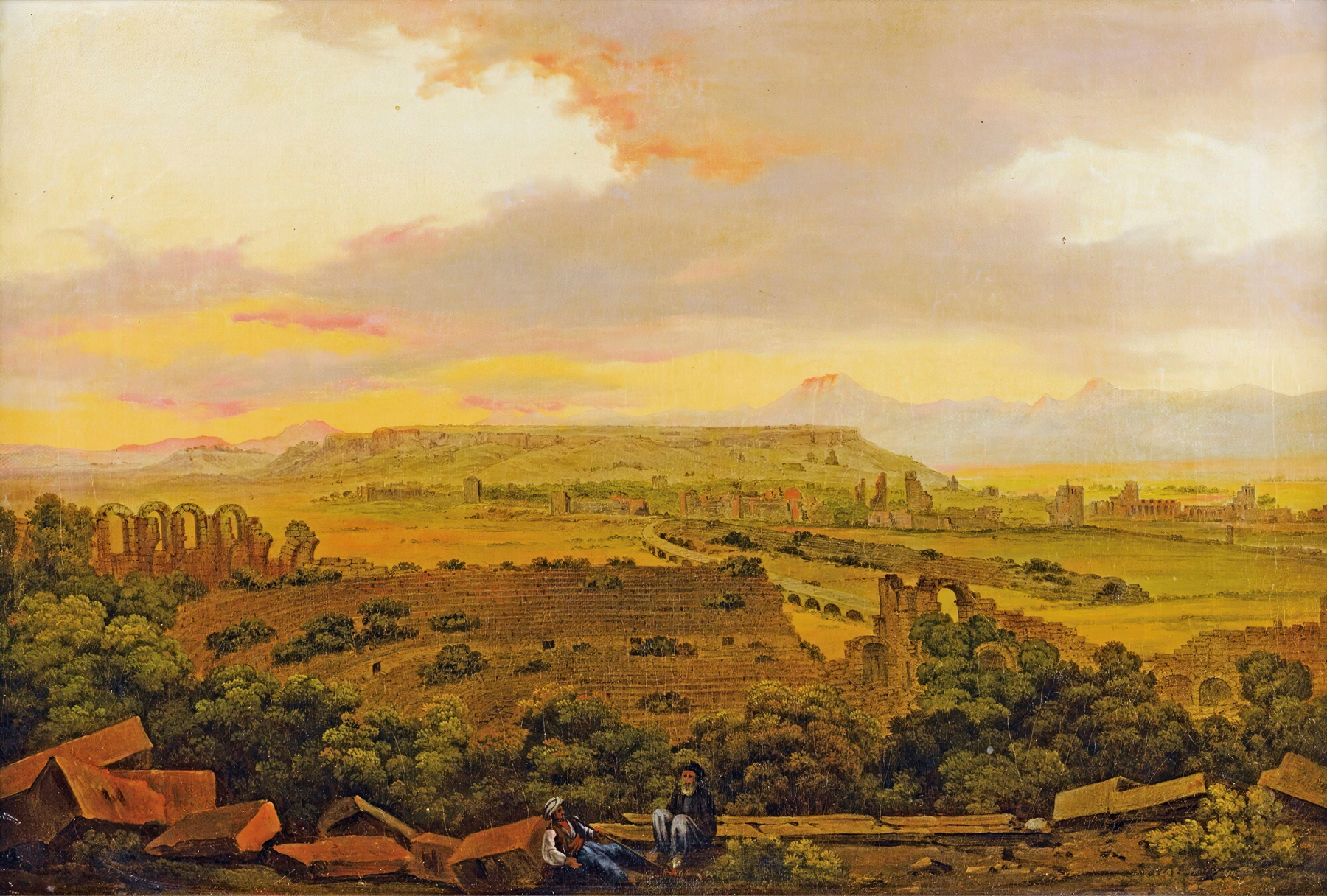 Landscape oil painting by Carl Friedrich Heinrich Werner featuring ruins and golden light.