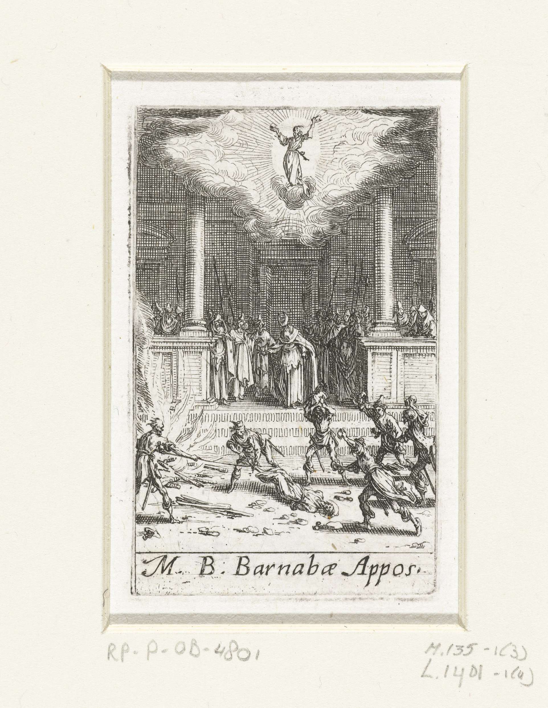 Het martelaarschap van Barnabas, etching by Jacques Callot, depicting Barnabas surrounded by a crowd.