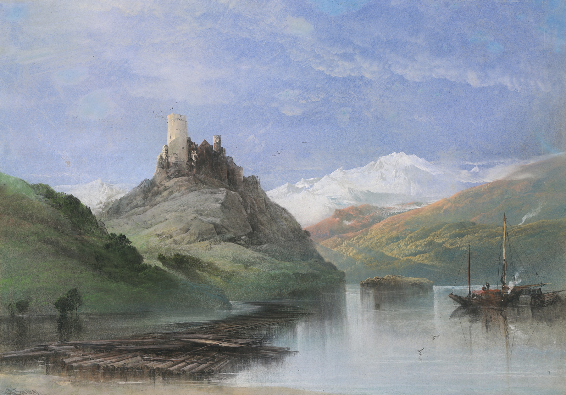 Ruined castle beside the Rhine river, oil on canvas by Henry Bright