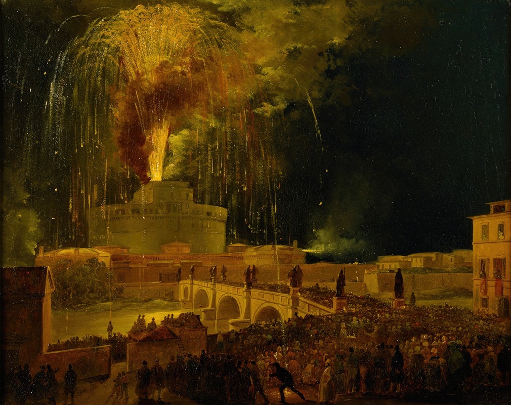 This painting depicts a vibrant fireworks display over Castel Sant'Angelo in Rome.