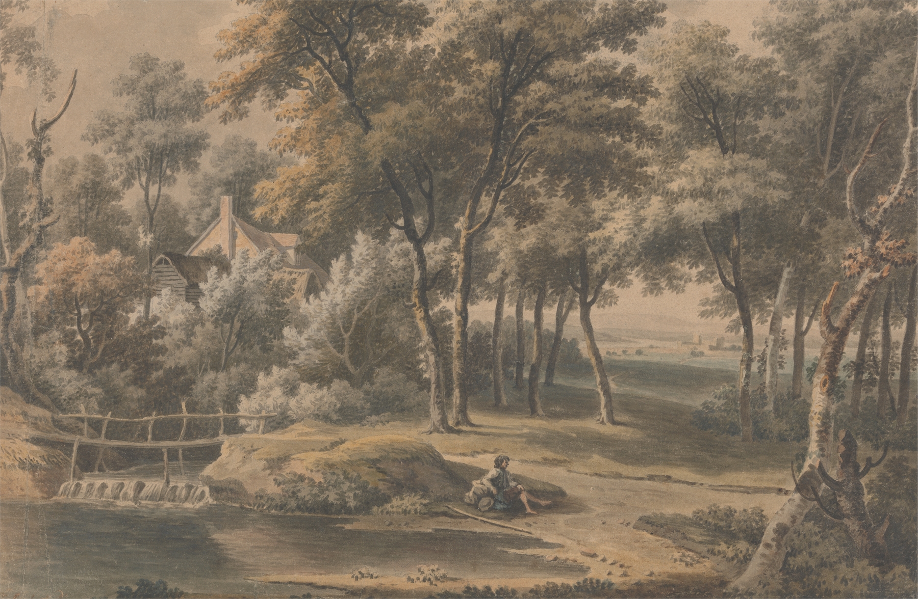 A Woody Landscape by George Lambert, oil painting depicting a forest with sunlight filtering through trees.