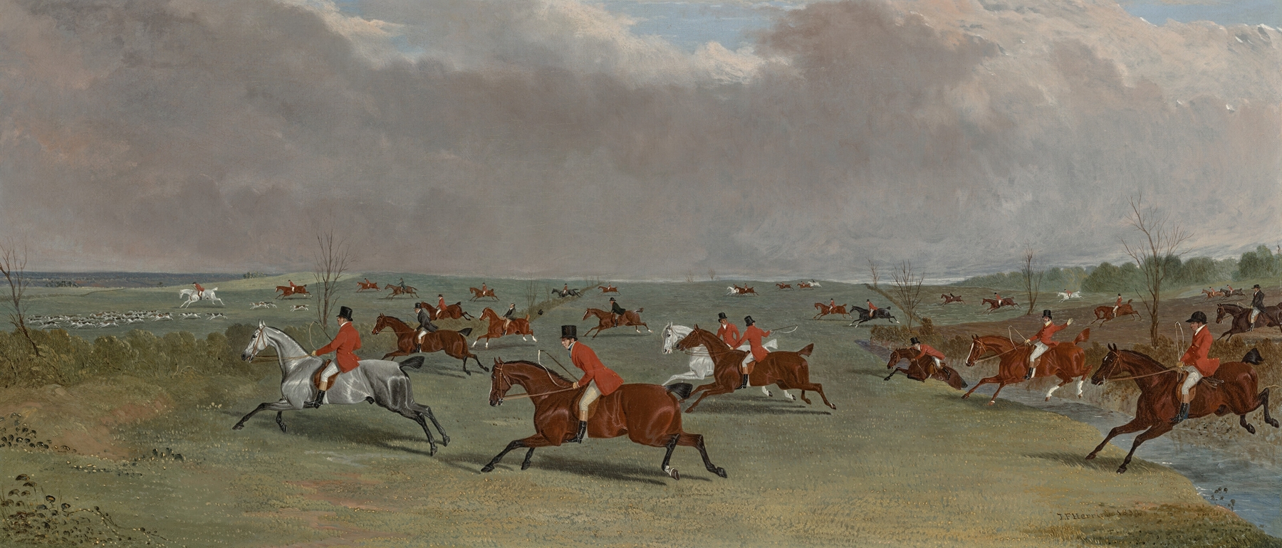 Full Cry by John Frederick Herring Snr., oil on canvas showing hounds chasing in the countryside.