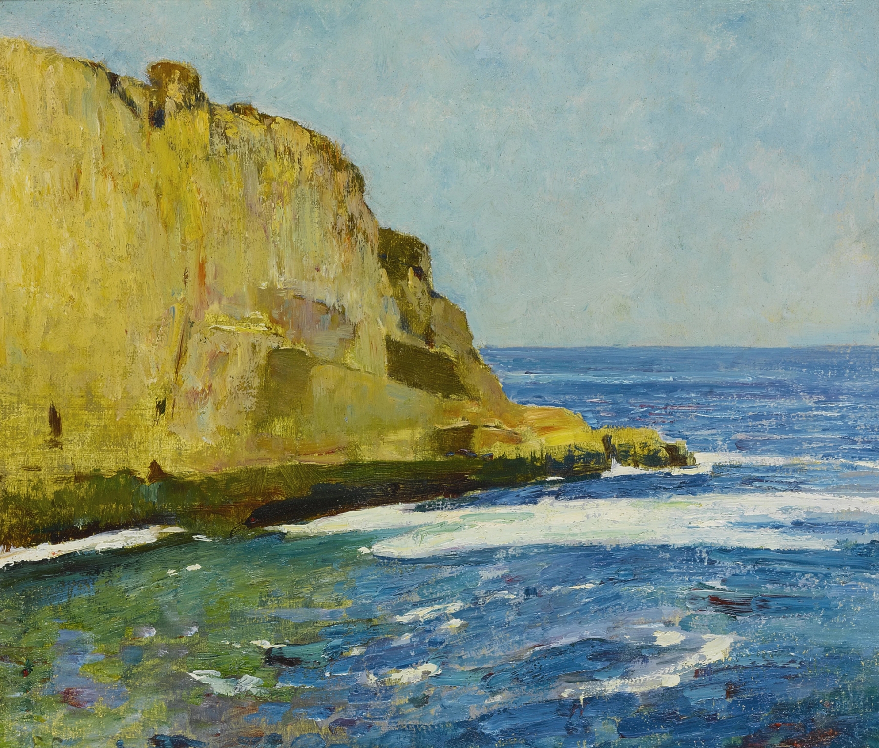 Bald Head Cliff, York, Maine by Emil Carlsen, oil on canvas depicting rugged cliffs and a tumultuous ocean.