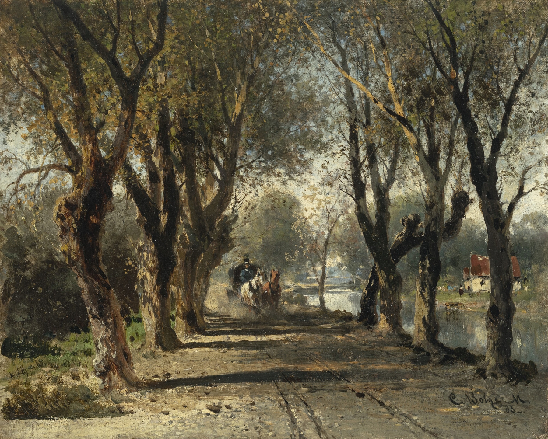Allee am Fluß mit Postkutsche by Carl Bolze, oil on canvas depicting a river with trees and a postcoach.