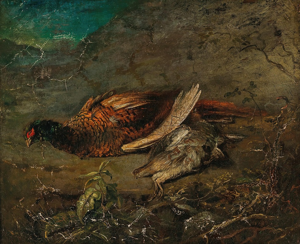 A still life painting featuring a pheasant and a snipe by Carl Spitzweg.