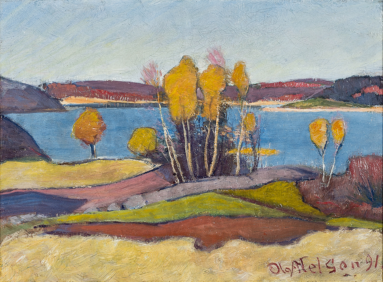 Höst vid Vänern (Åmål) oil painting by Olof Sager-Nelson depicting autumn foliage and a tranquil lake.