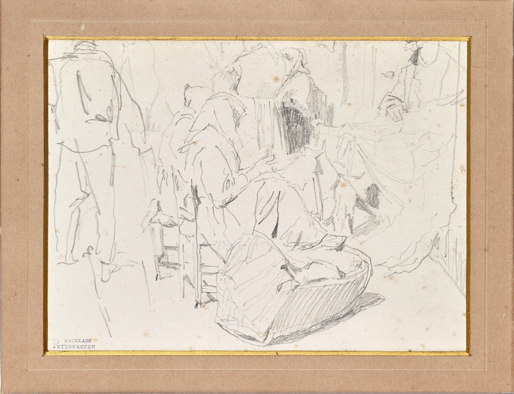 This painting depicts women with headscarves and a cradle, showcasing daily life.