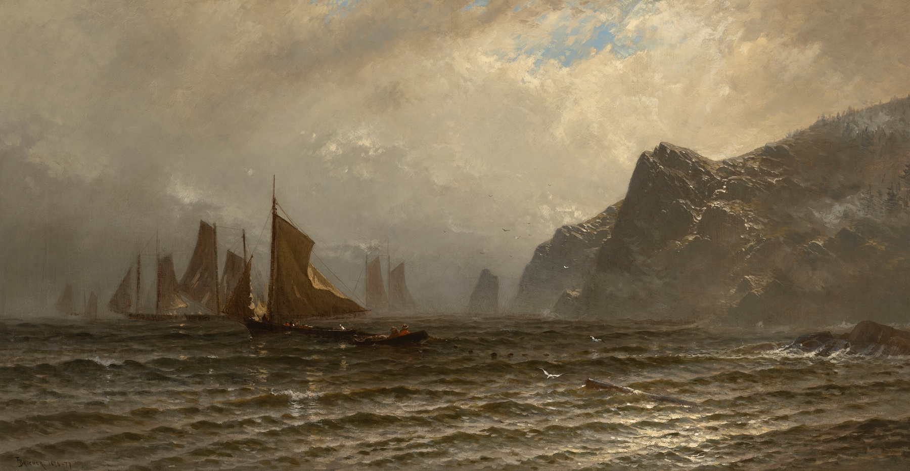 Fishing boats on waves in oil on canvas by Alfred Thompson Bricher