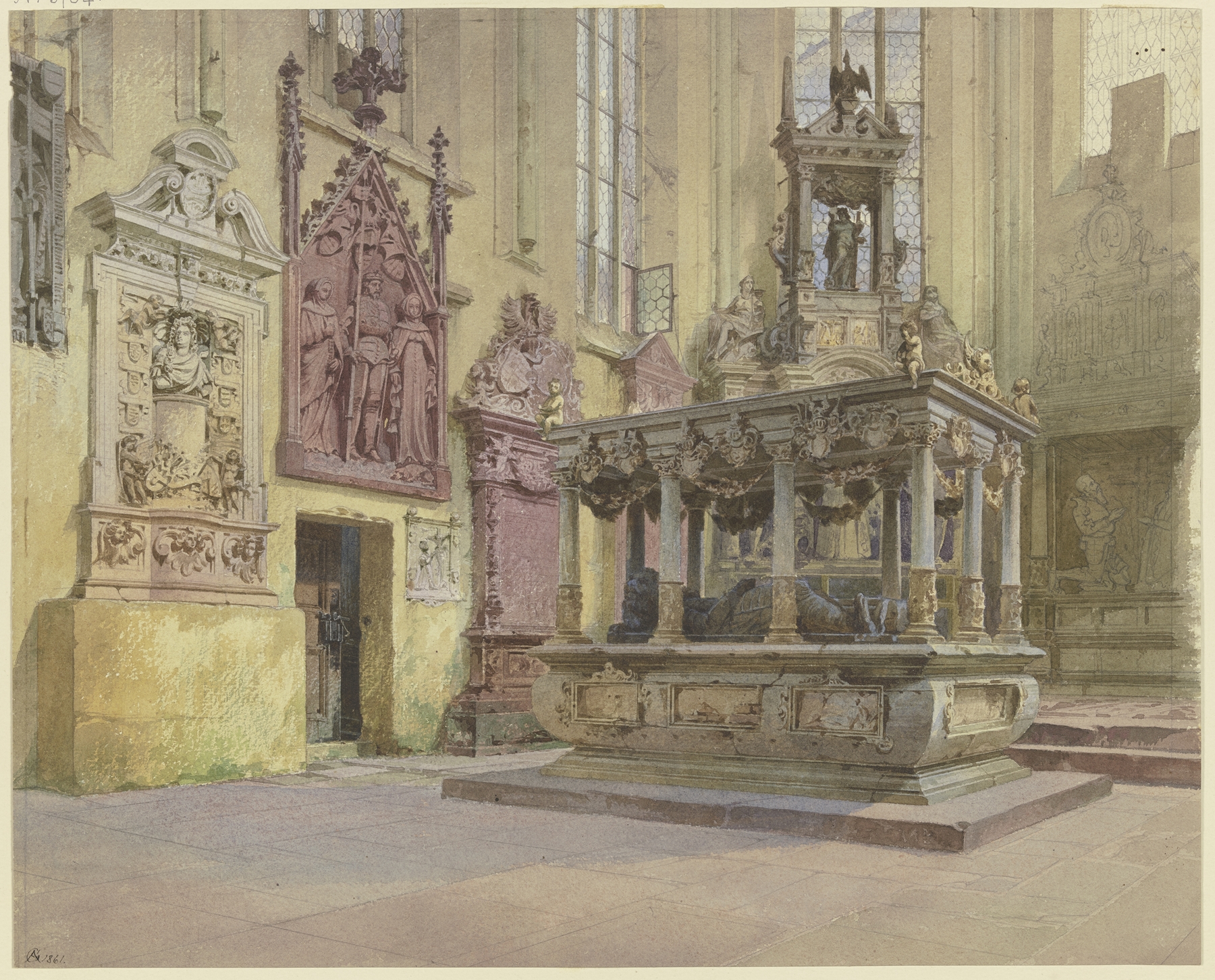Oil painting by Alexander Gwinner depicting a tomb in St. Marien church.