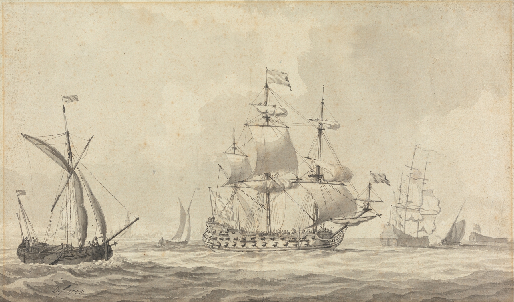 Warships in a Stiff Breeze off the Dutch Coast, by Dominic Serres, public domain
