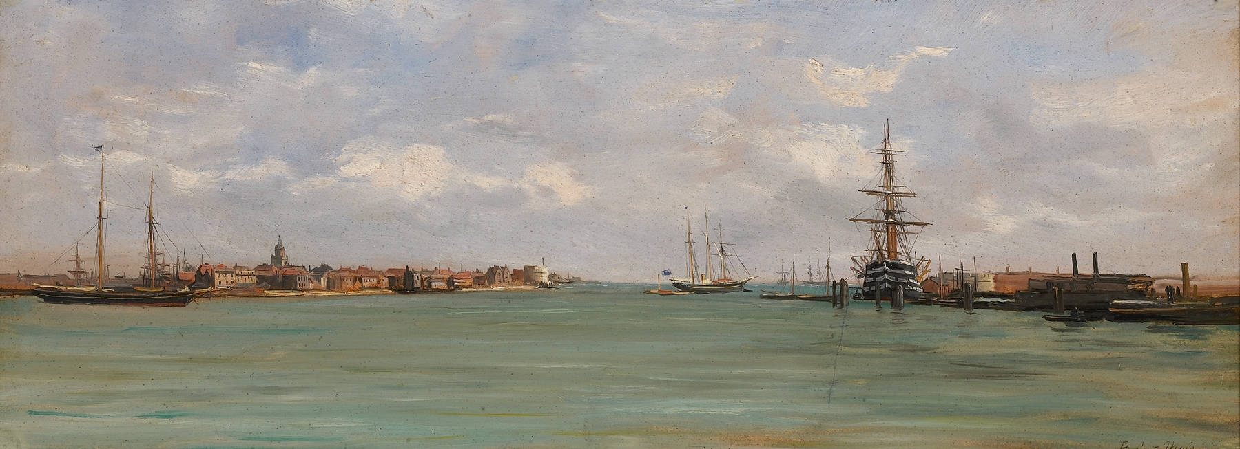 Marine scene with boats in harbor, oil on canvas by Robert Mols