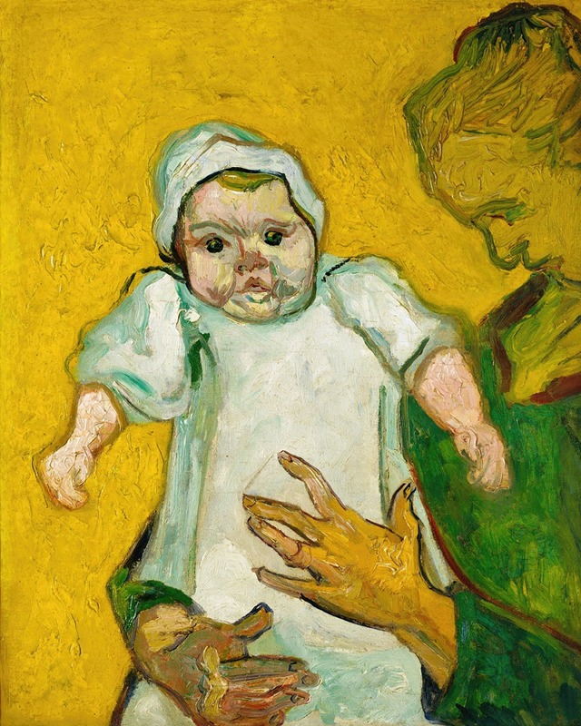 Vincent van Gogh's painting depicts Madame Roulin with her baby, showcasing vibrant colors and emotional depth.
