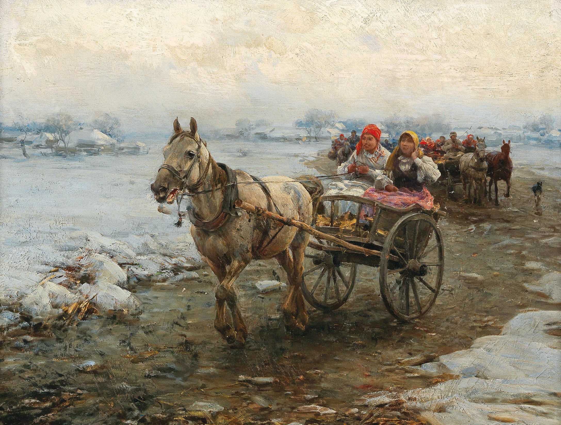 The Coach Journey by Alfred von Wierusz-Kowalski, oil painting depicting a coach and horses in a dramatic landscape.