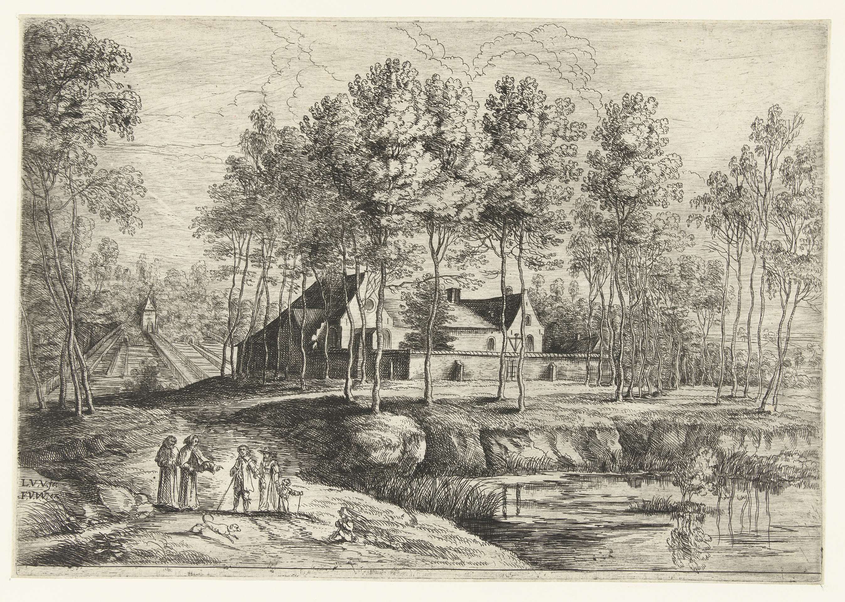 Etching by Lucas van Uden depicting a cloister with architectural forms
