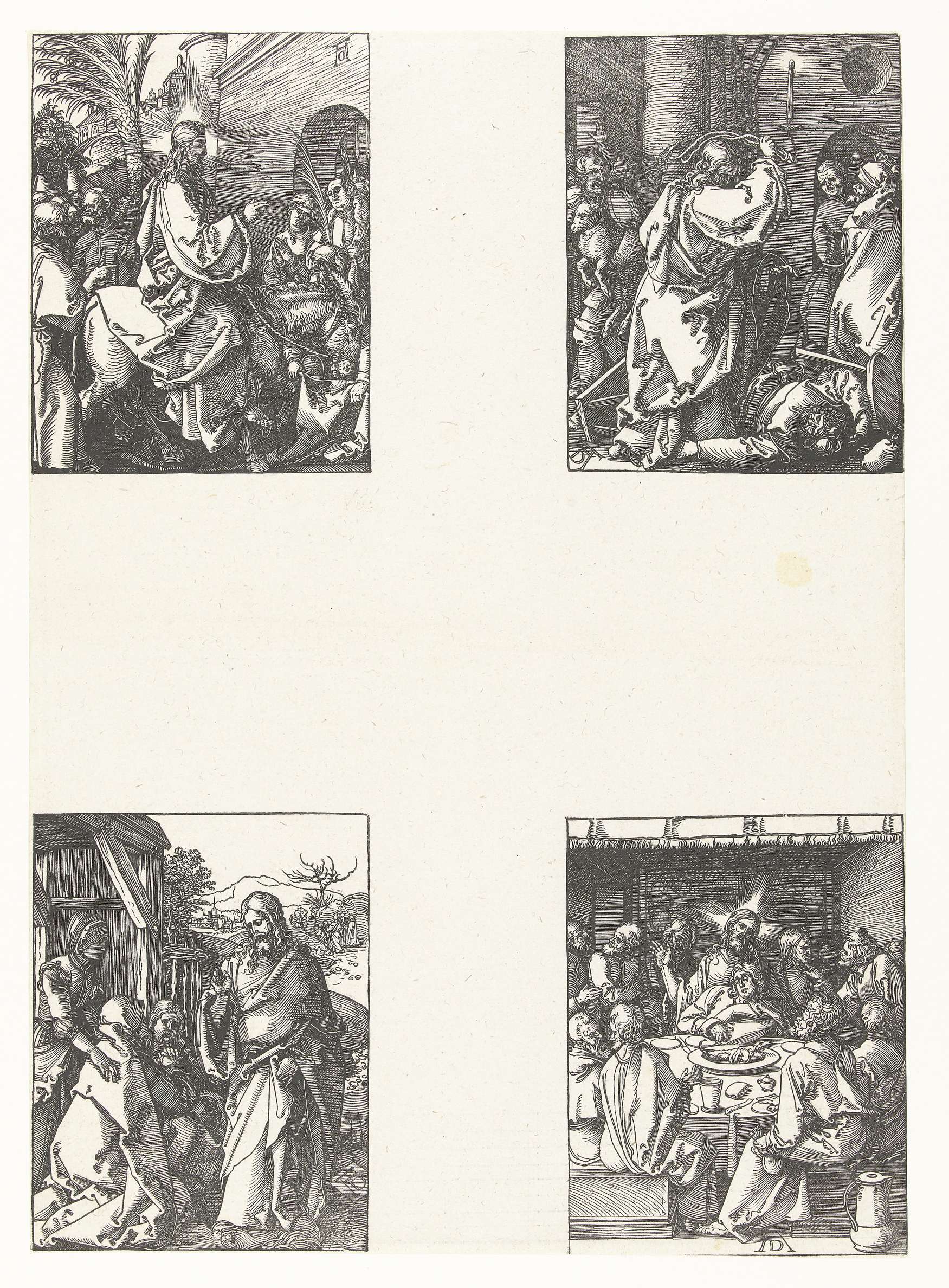 Intocht in Jeruzalem, Tempelreiniging, Christus neemt afscheid van zijn moeder, Laatste Avondmaal, by Albrecht Dürer, public domain