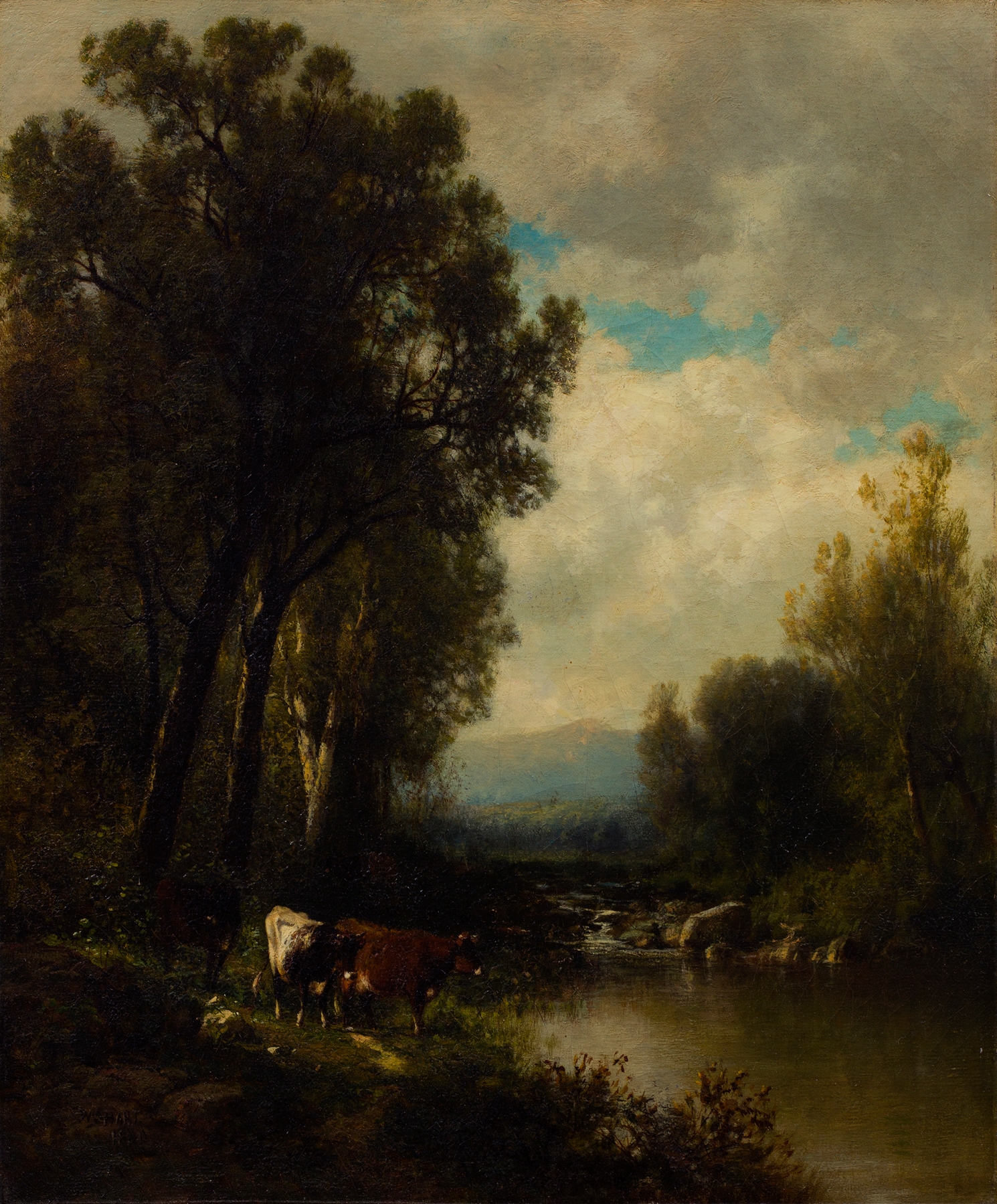 Cattle on the River by William Hart, oil painting depicting cattle grazing by a river.
