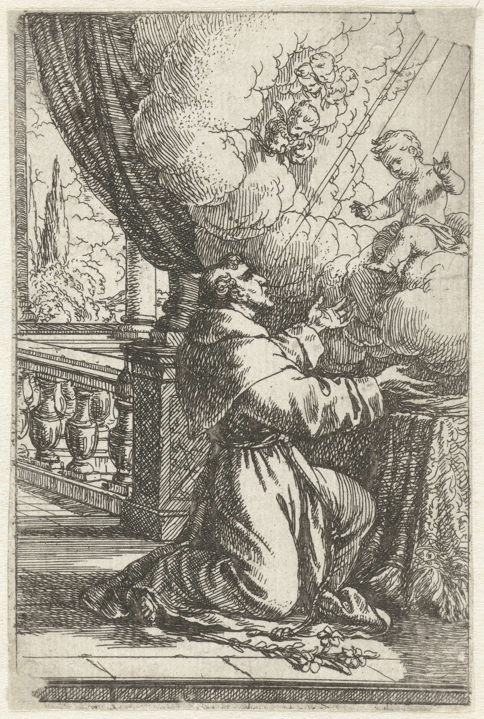 Heilige Antonius van Padua en zijn visioen van het Christuskind etching by Jonas Umbach