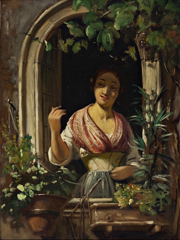 A painting of an Italian woman waving from a window.