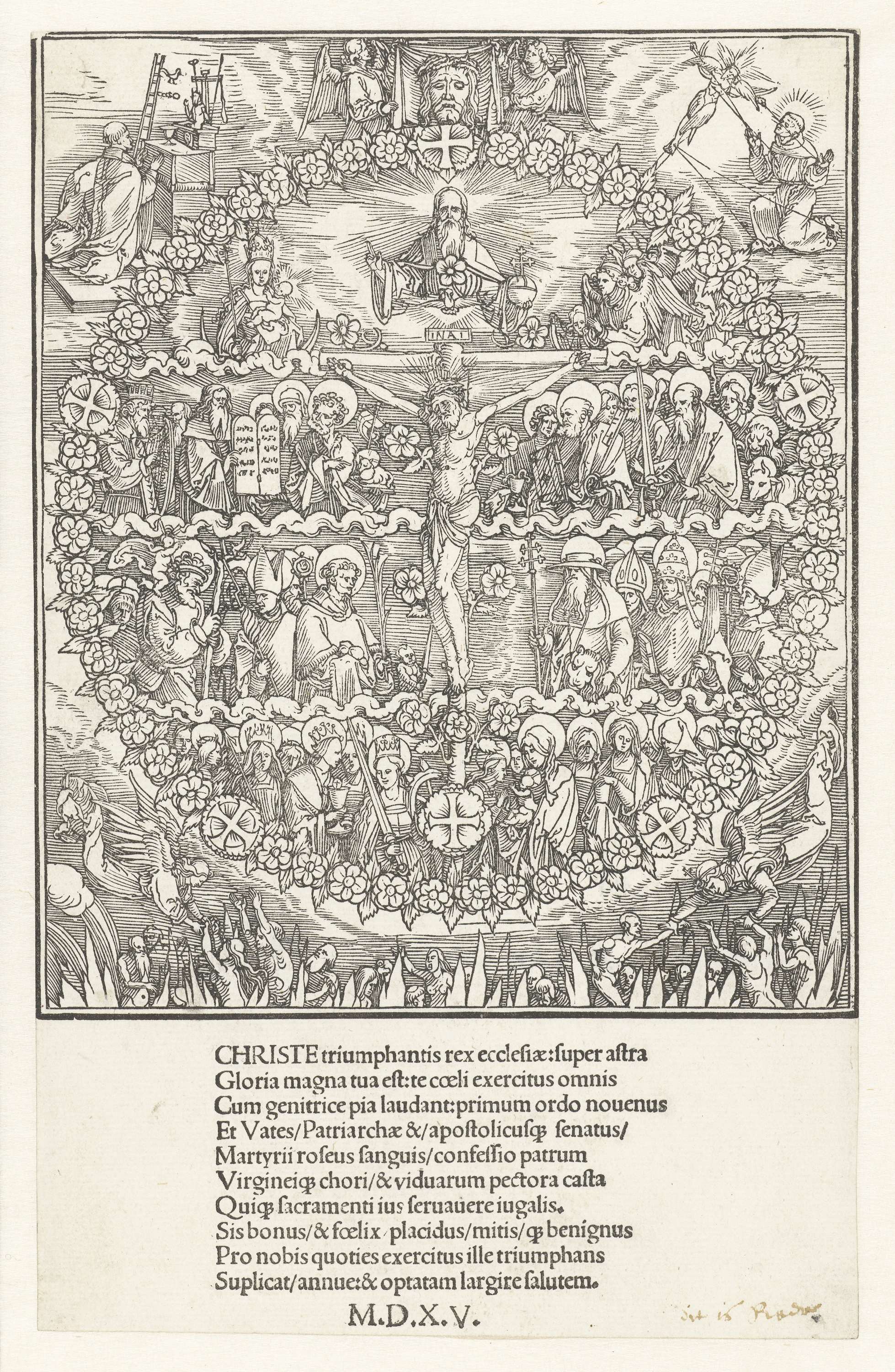 Engraving by Albrecht Dürer depicting Christ with a rosary, illuminated by soft light.