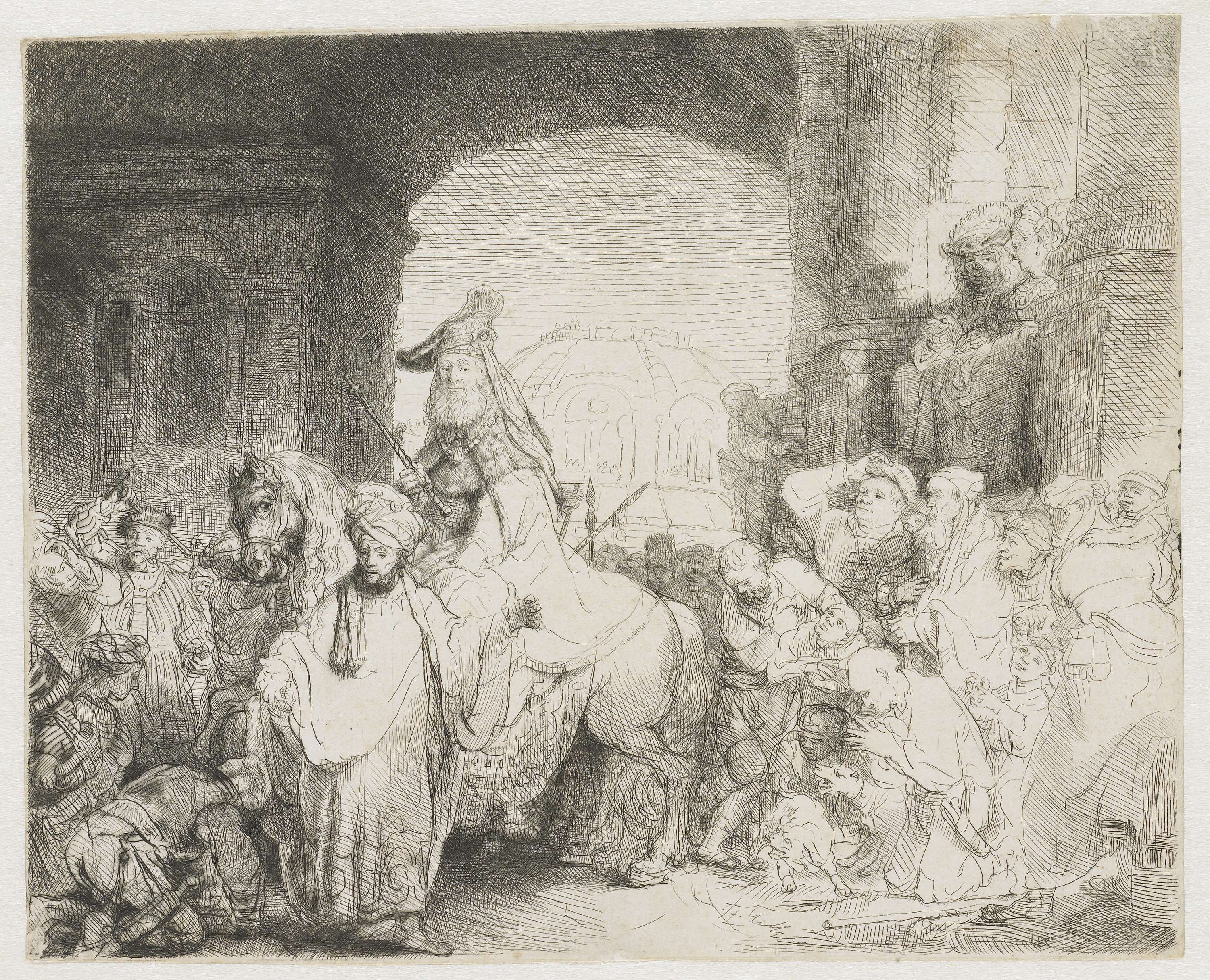 Etching by Rembrandt van Rijn depicting a regal figure with a scroll surrounded by a crowd.