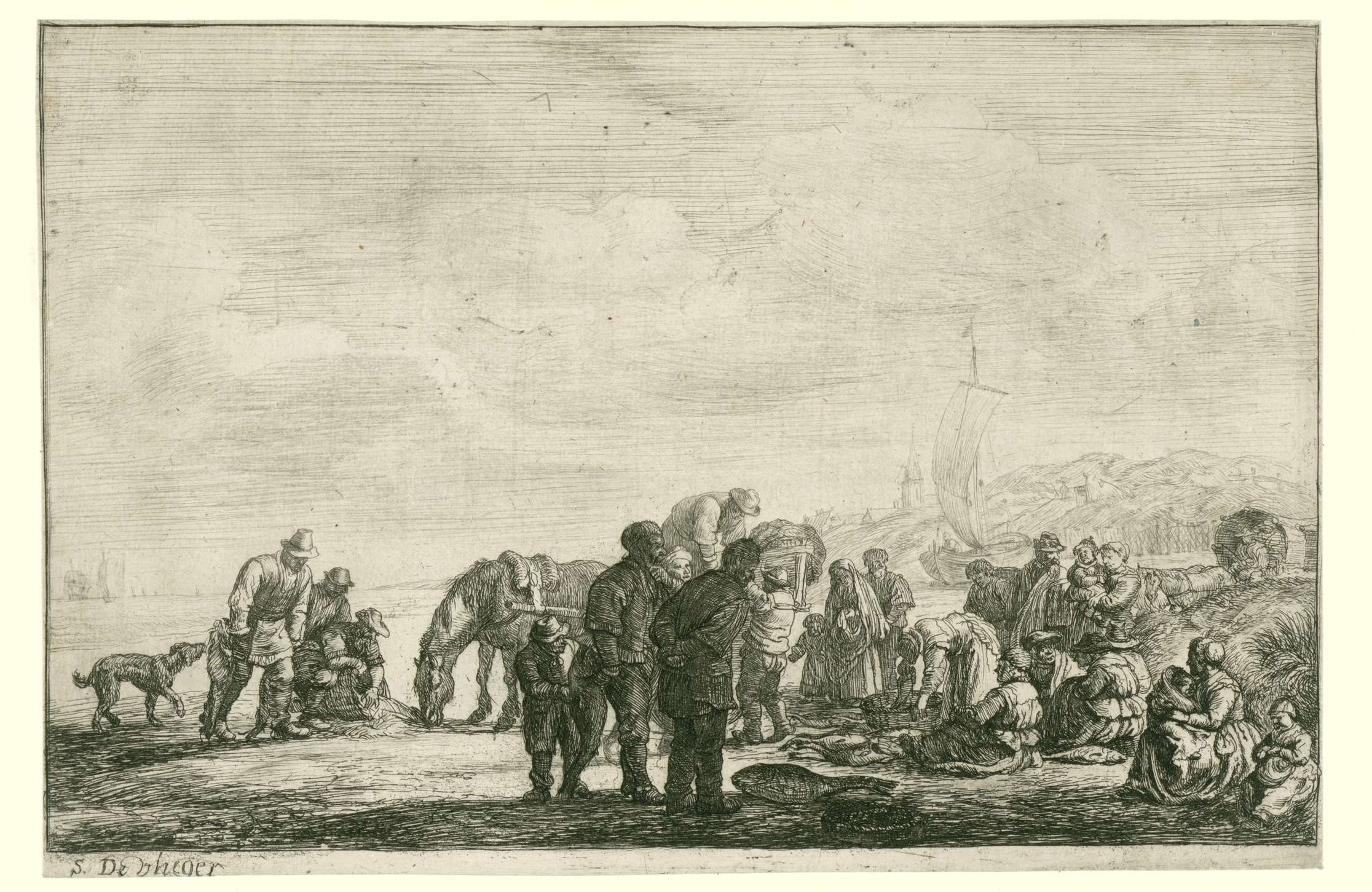Vissers op het strand, by Simon de Vlieger, public domain