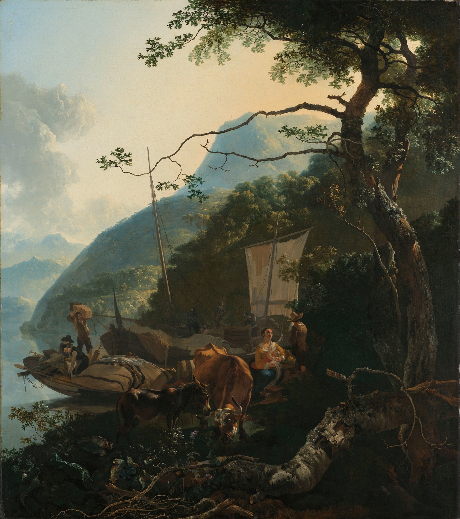 Boatmen moored on the shore of an Italian lake, oil on canvas by Adam Pynacker