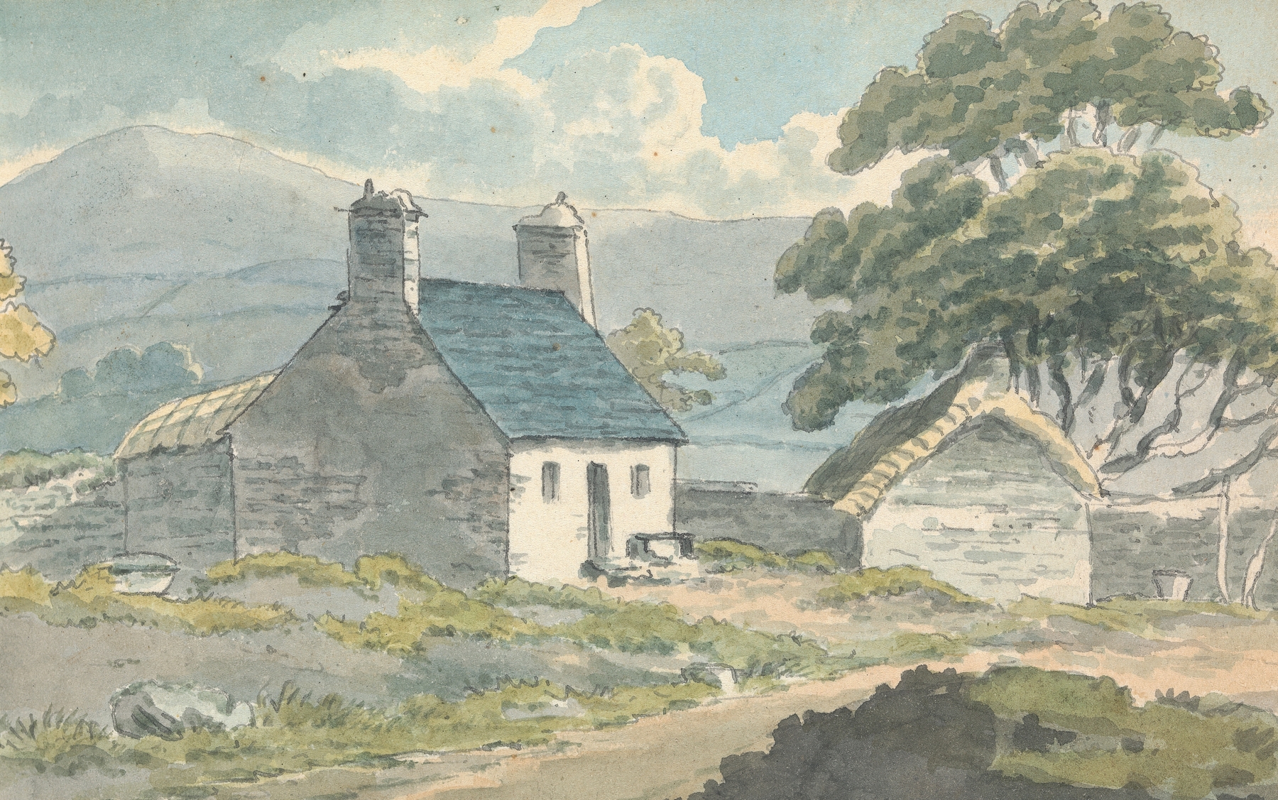 Two stone cottages in a landscape, oil painting by Thomas Bradshaw