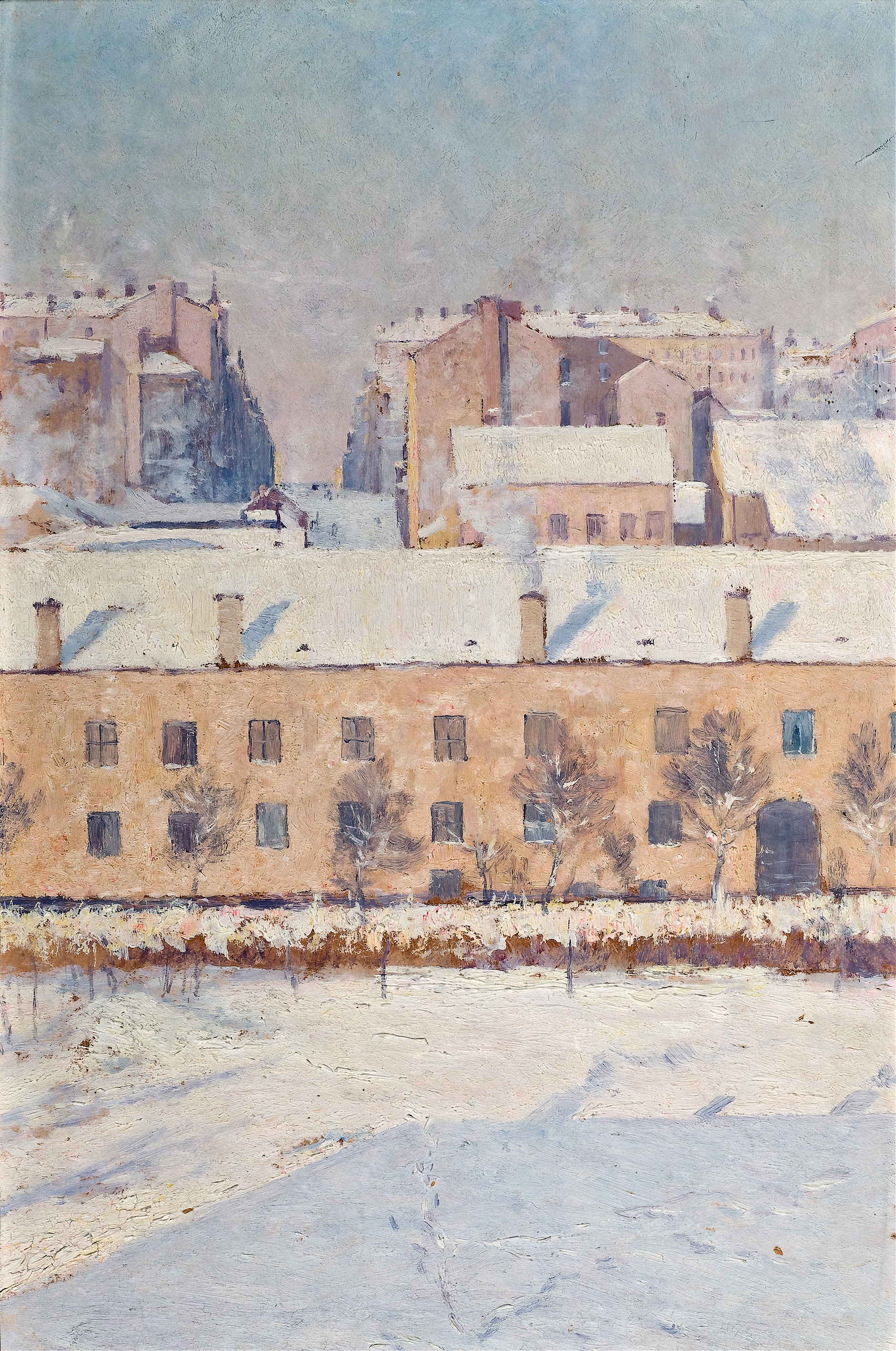 A Winter Scene by Axel Lindman, oil on canvas showing a snowy landscape with bare trees.