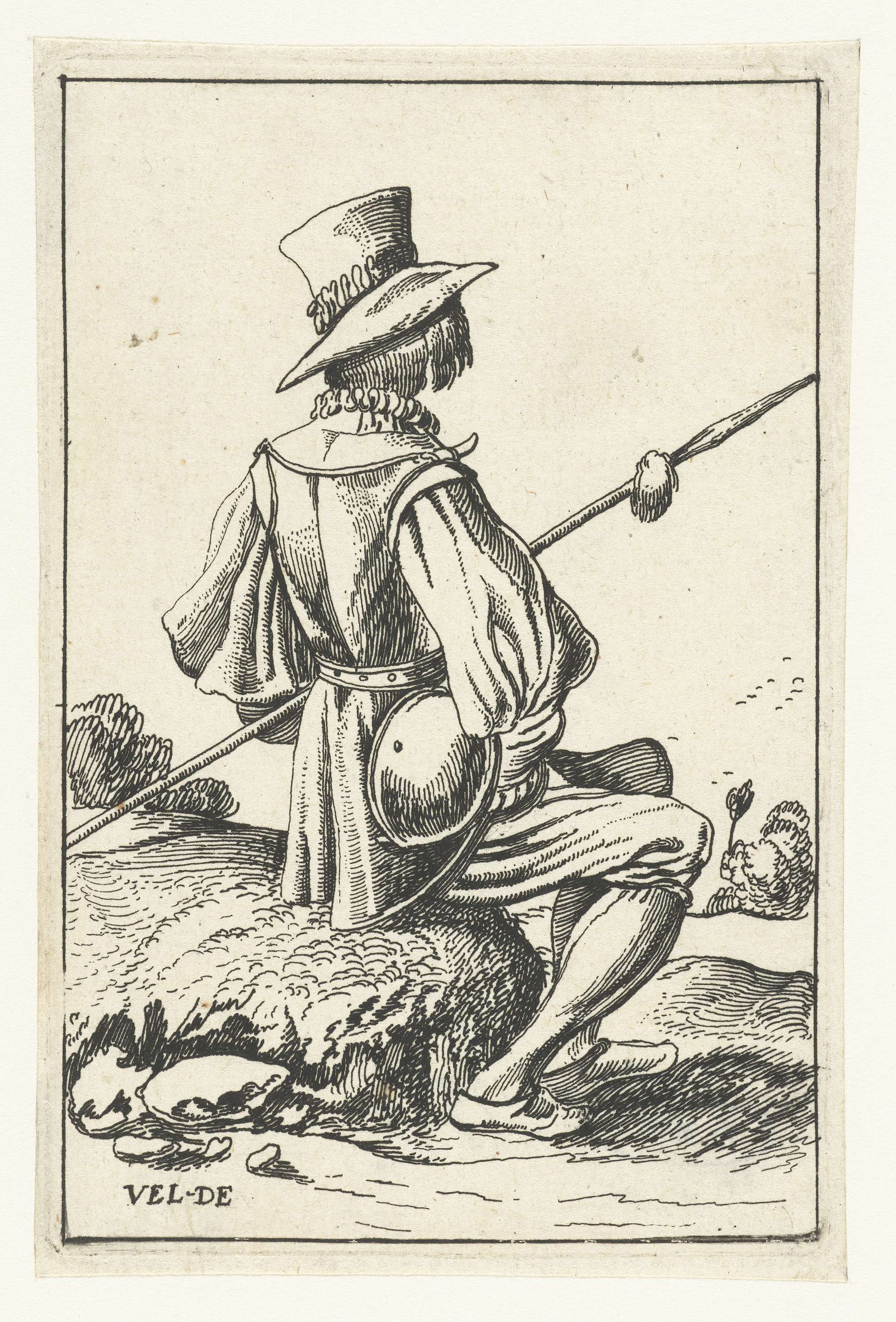 Etching by Unknown Artist depicting a soldier seated with his back turned.