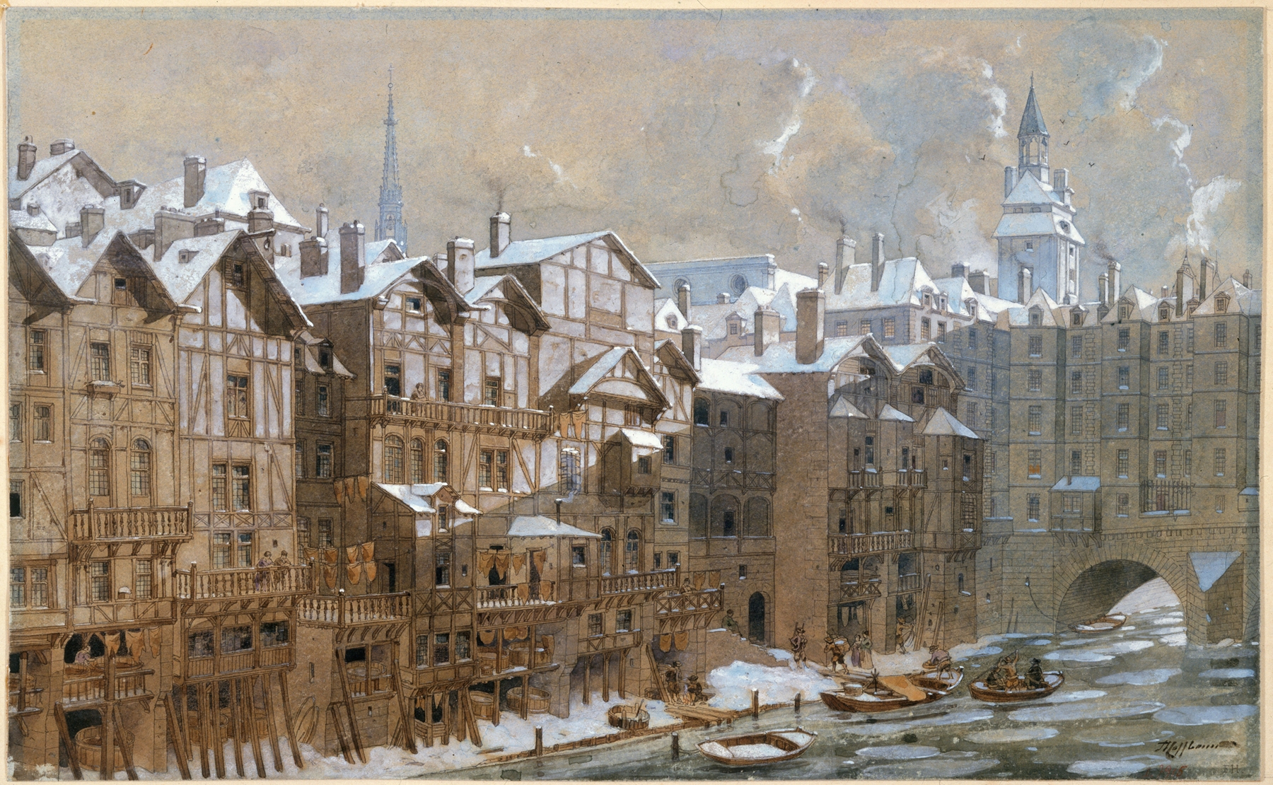 La Cité et le pont aux Change en hiver by Fédor Hoffbauer, oil painting, winter landscape
