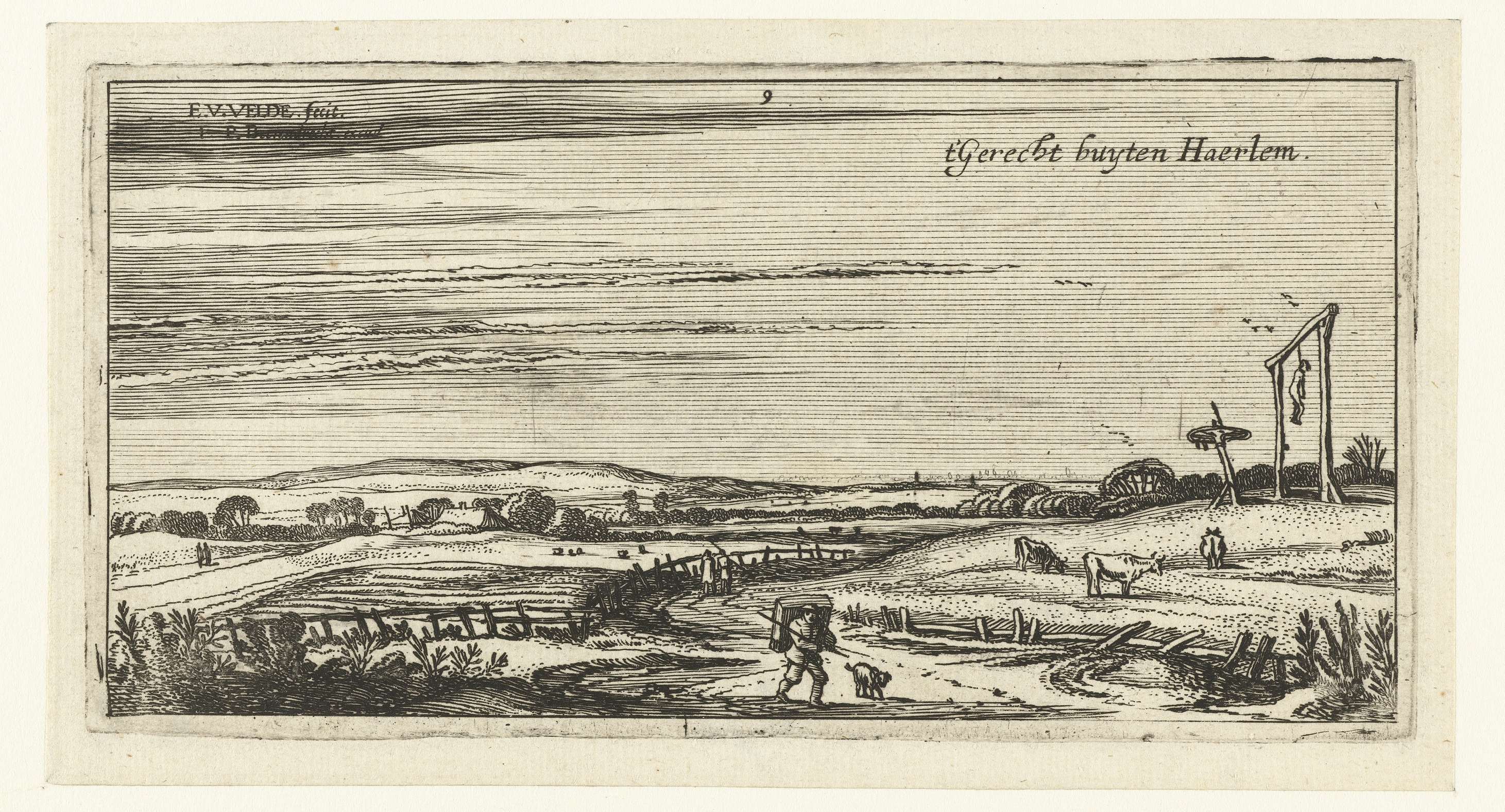 Landschap met galgenveld bij Haarlem, etching by Esaias van de Velde, featuring a gallows in a tranquil landscape.