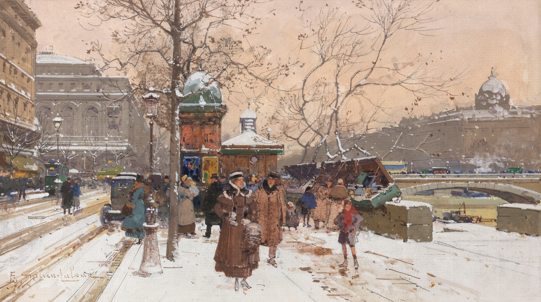 Winter landscape with snow-covered cobblestones by Eugène Galien-Laloue