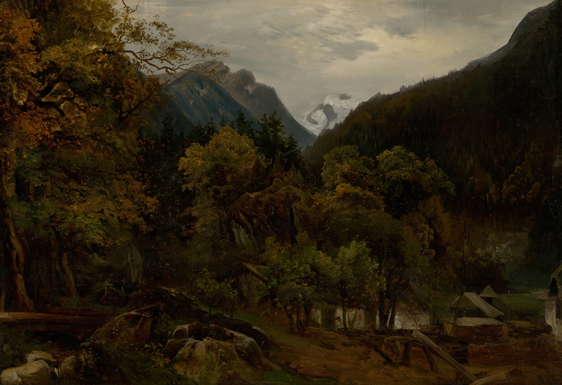 Mountain landscape with wooden huts, oil painting by Alexander Brodszky