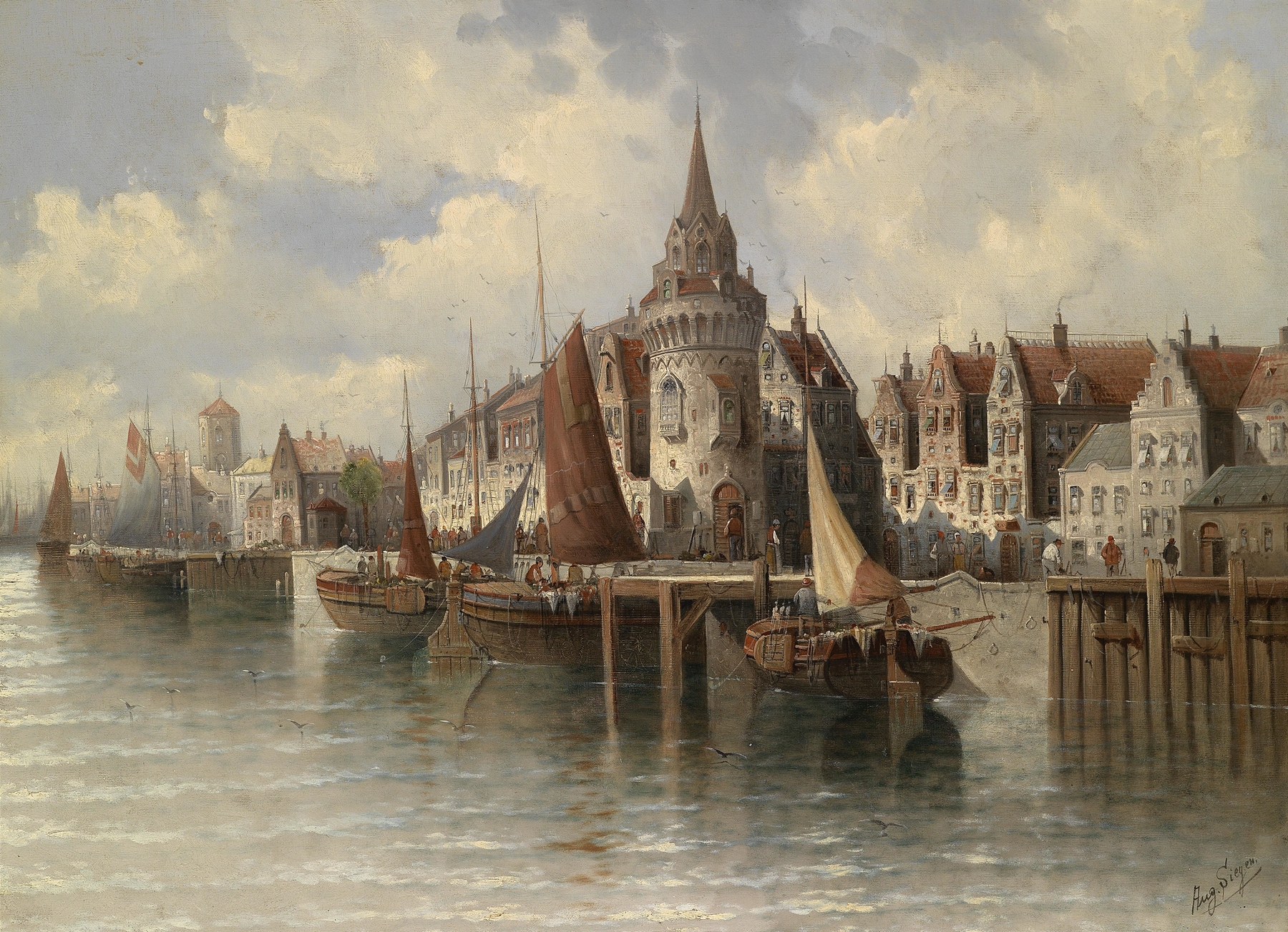 Marine scene depicting a harbor city at dawn by August Von Siegen