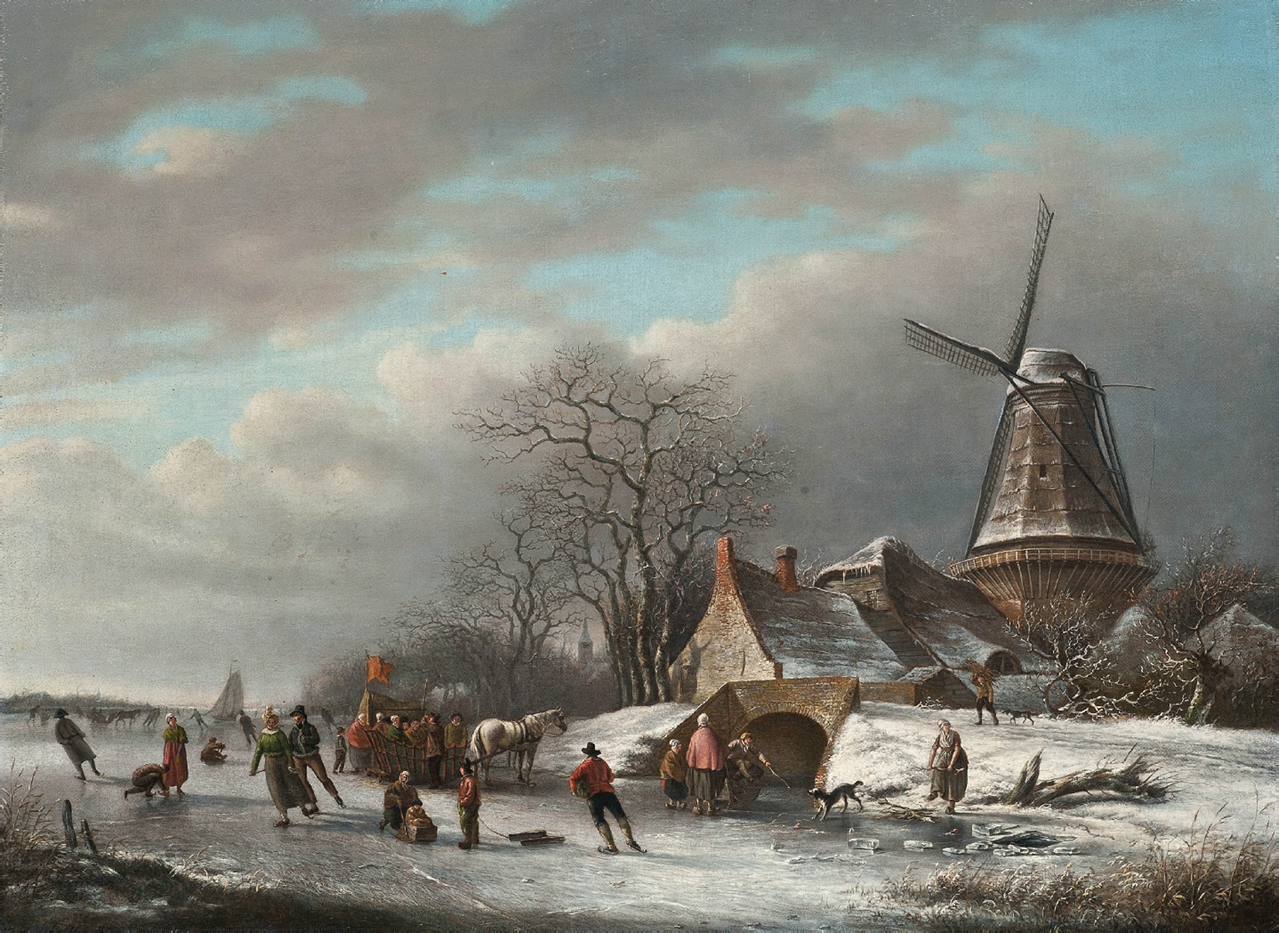 Skaters on a Dutch waterway by a windmill, by Andreas Schelfhout, public domain
