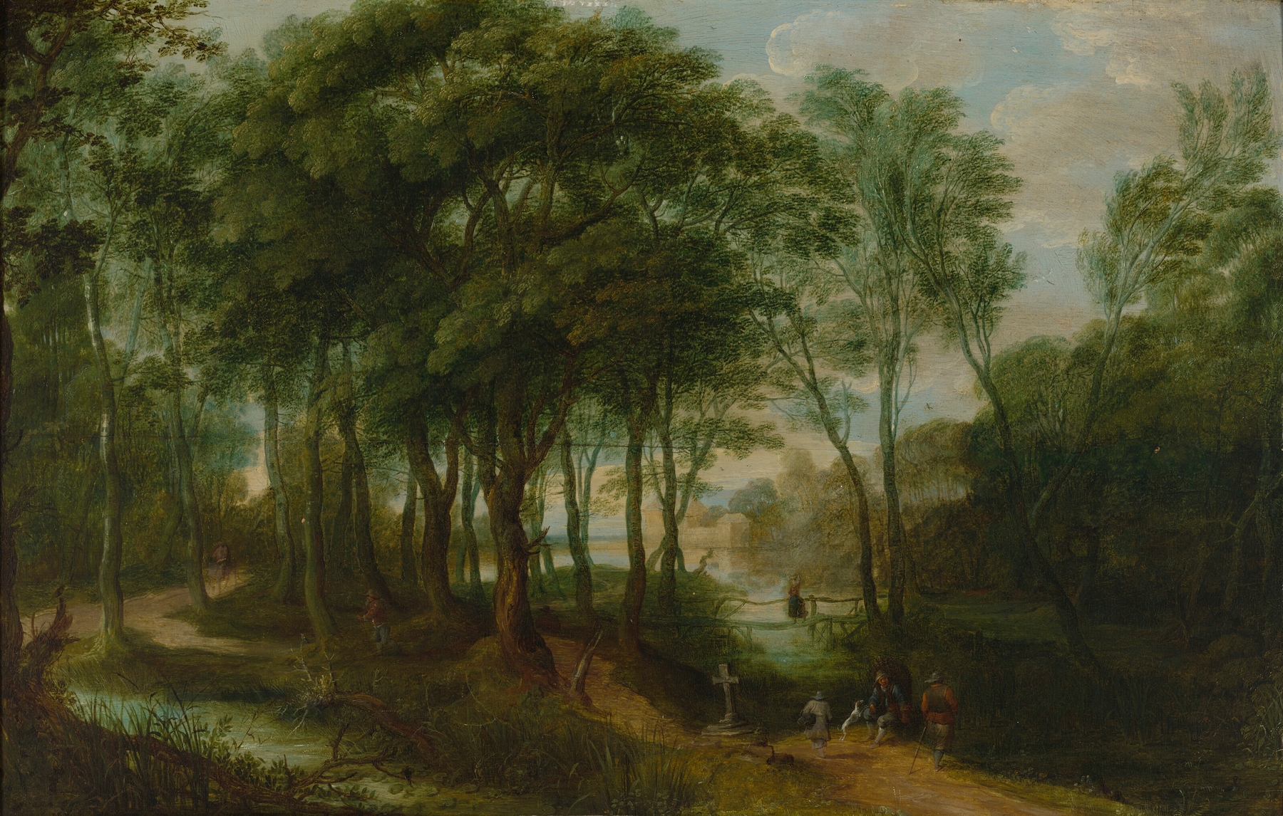Figures on a wooded path with a building behind, by Adriaen van Stalbemt, oil painting