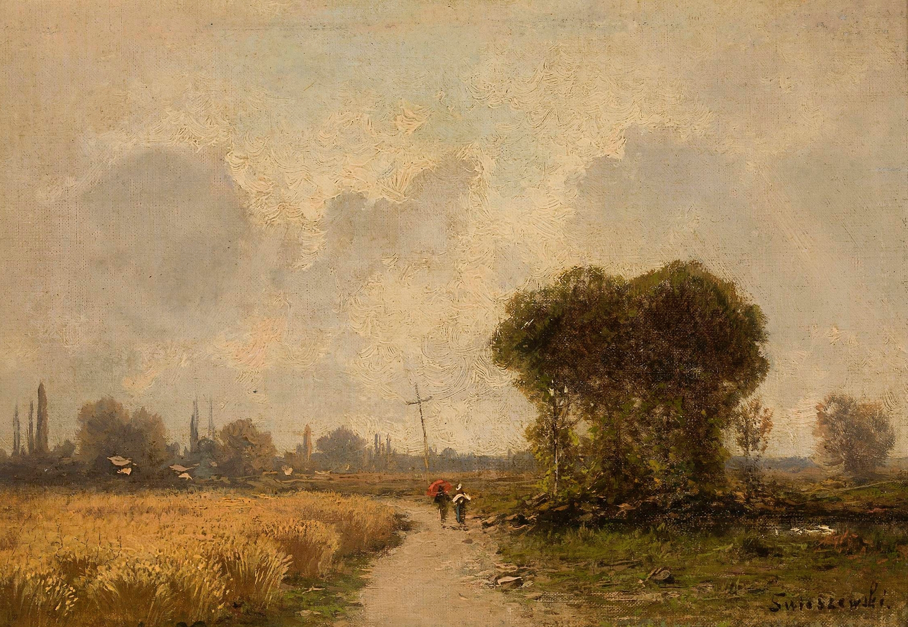 Landscape with a Road by Aleksander Swieszewski, oil painting depicting a winding road at sunrise.