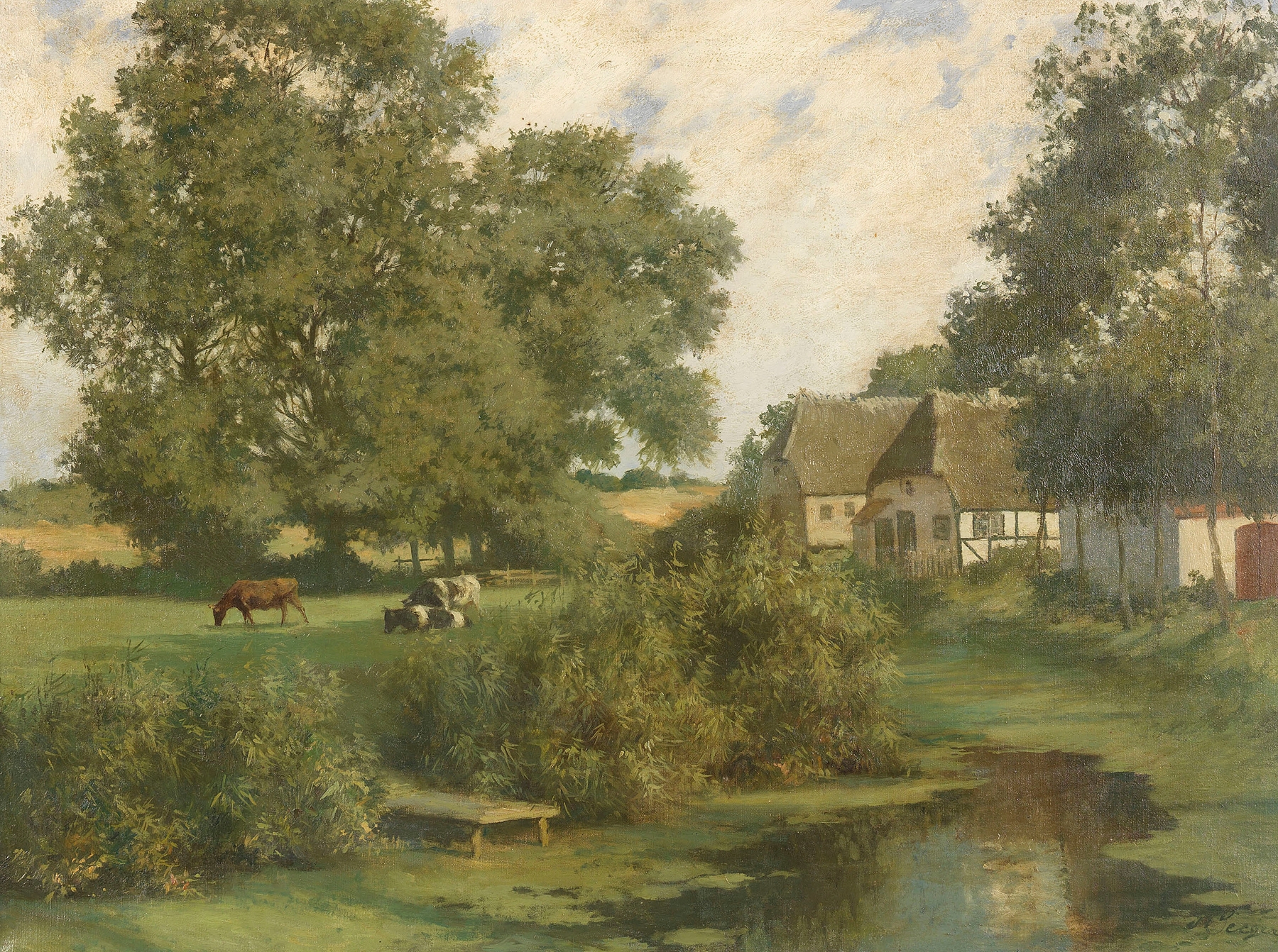 Norddeutsche Landschaft mit Kühen und reetgedeckten Häusern, oil on canvas by Hermann Seeger