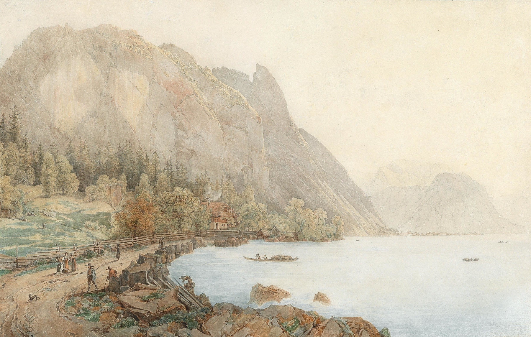 Motiv vom Attersee mit dem Höllengebirge und figürlicher Staffage, by Thomas Ender, public domain