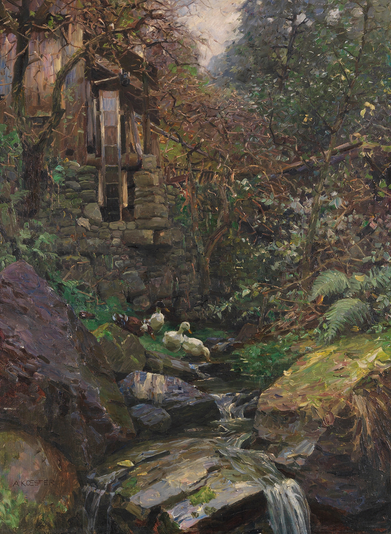 Landscape with a tranquil stream and greenery by Alexander Koester, oil painting