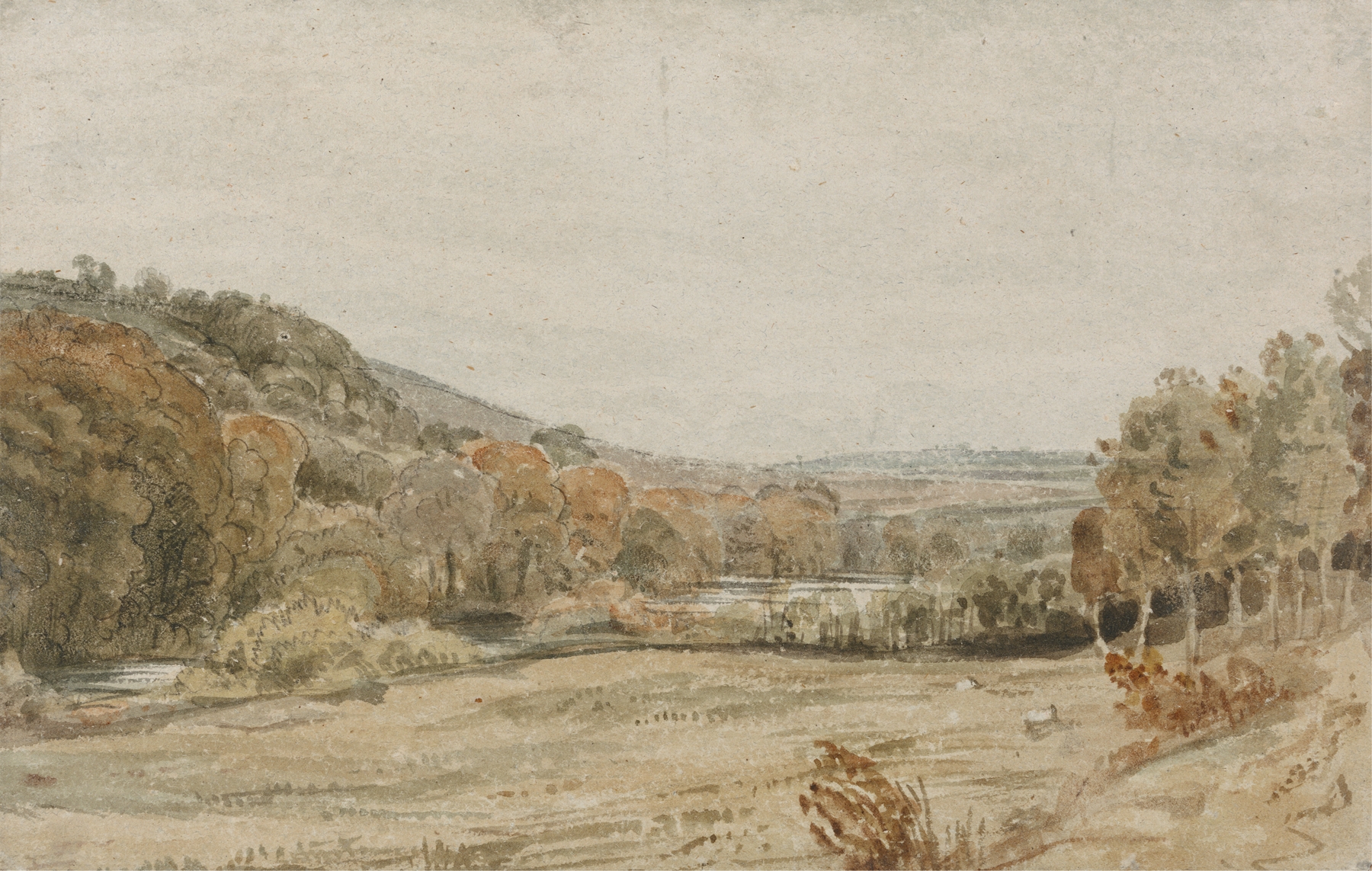 Watercolour by Frederick Christian Lewis the Elder depicting River Tamar with forest reflections.