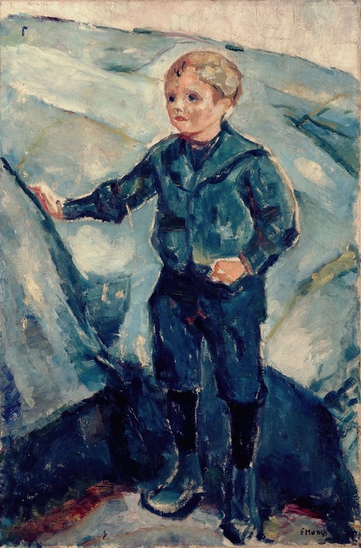 A young boy dressed in blue gazes thoughtfully at the viewer.