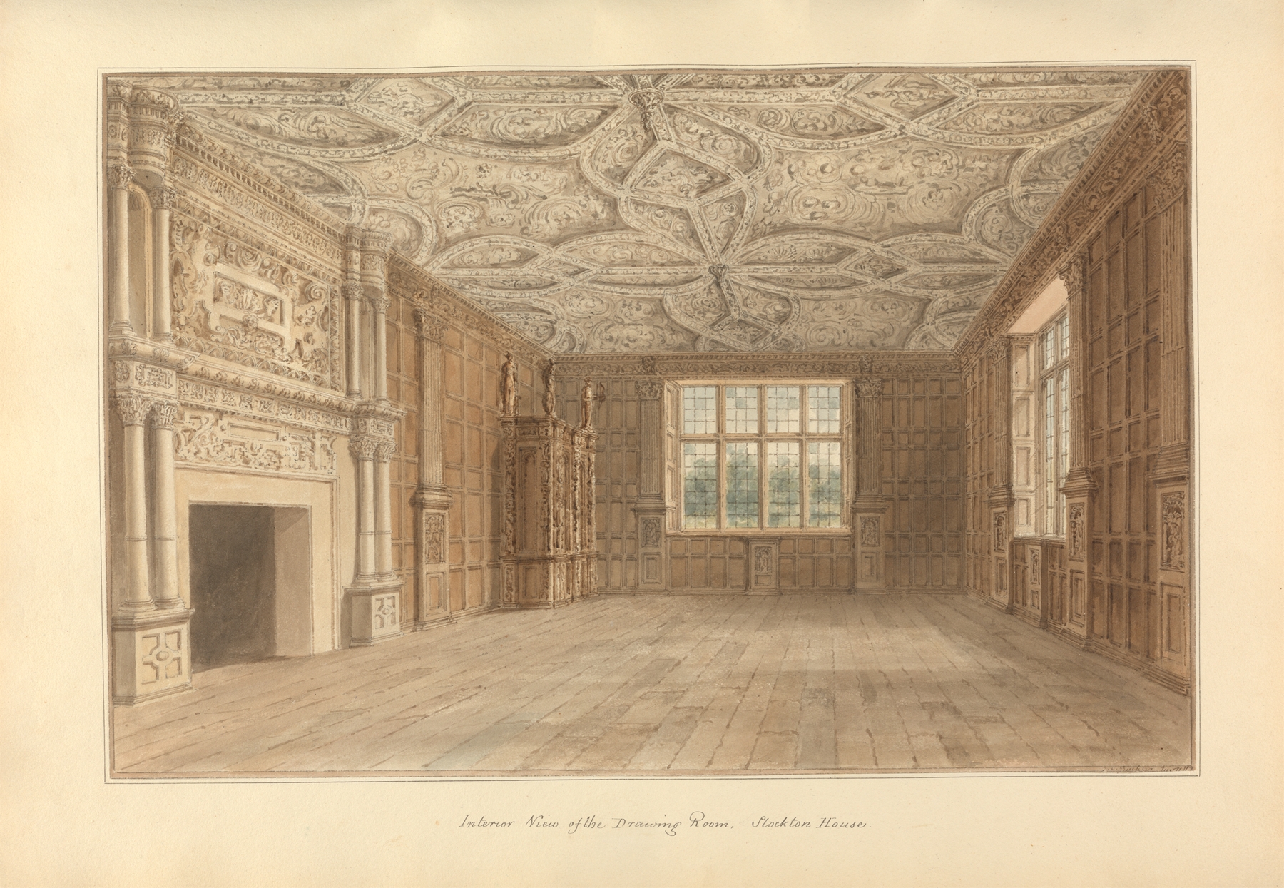 Interior view of a drawing room featuring elegant furniture, watercolor by John Buckler
