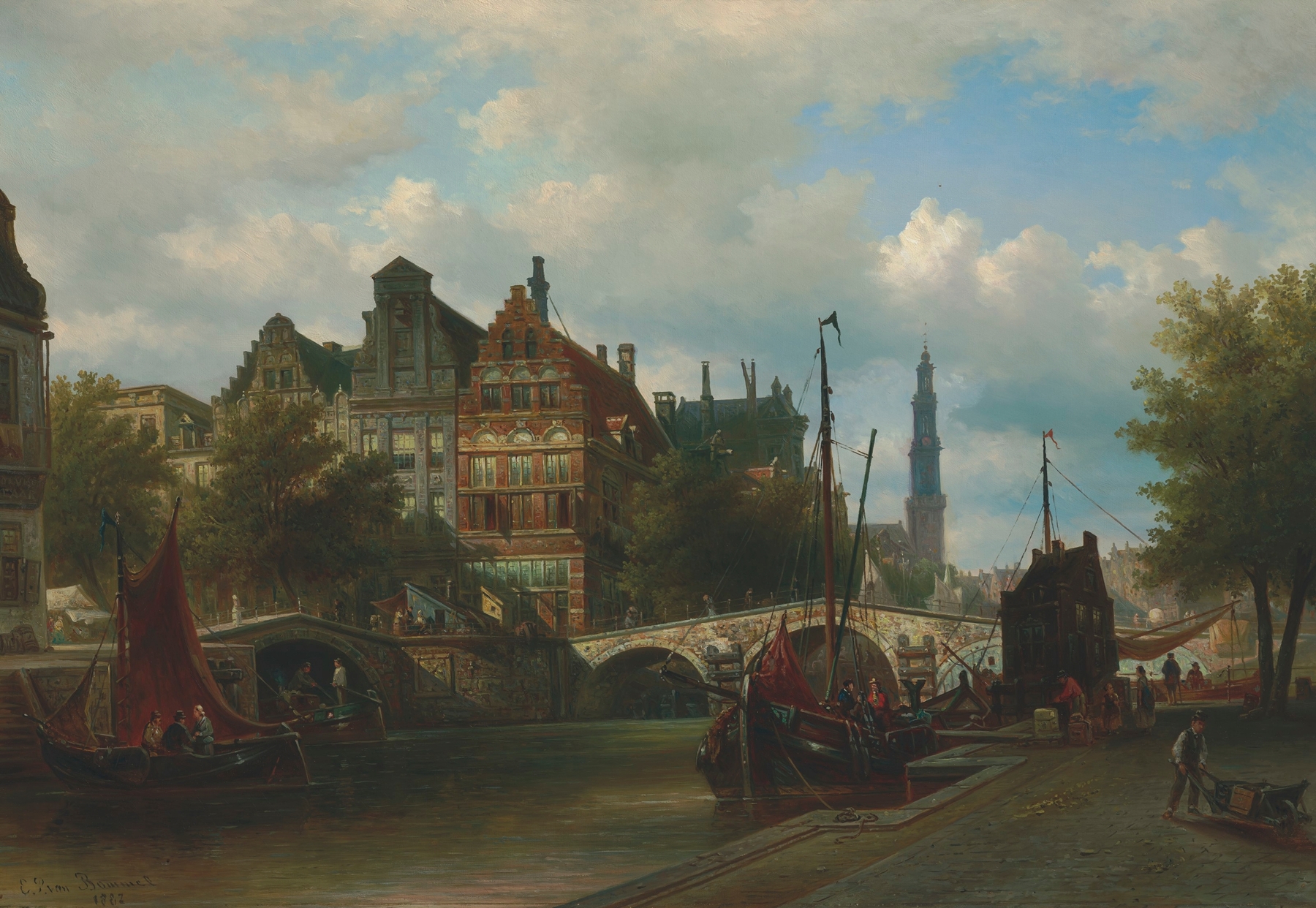 Landscape of the Nieuwengracht in Amsterdam by Elias Pieter van Bommel, oil painting
