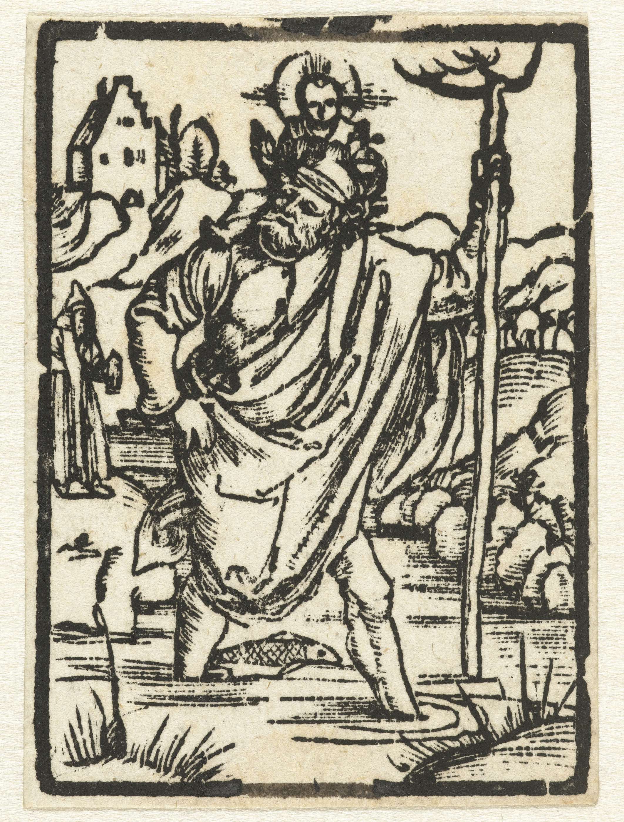 Etching by Albrecht Dürer depicting Saint Christopher holding the Christ child on paper