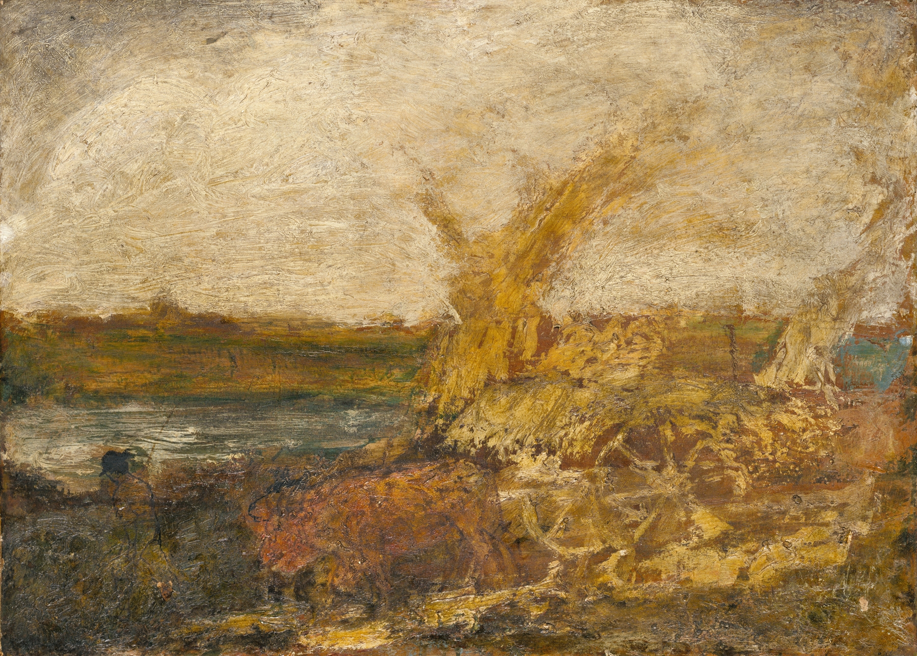 Harvest by Albert Pinkham Ryder, oil painting depicting a tranquil landscape with muted earth tones.