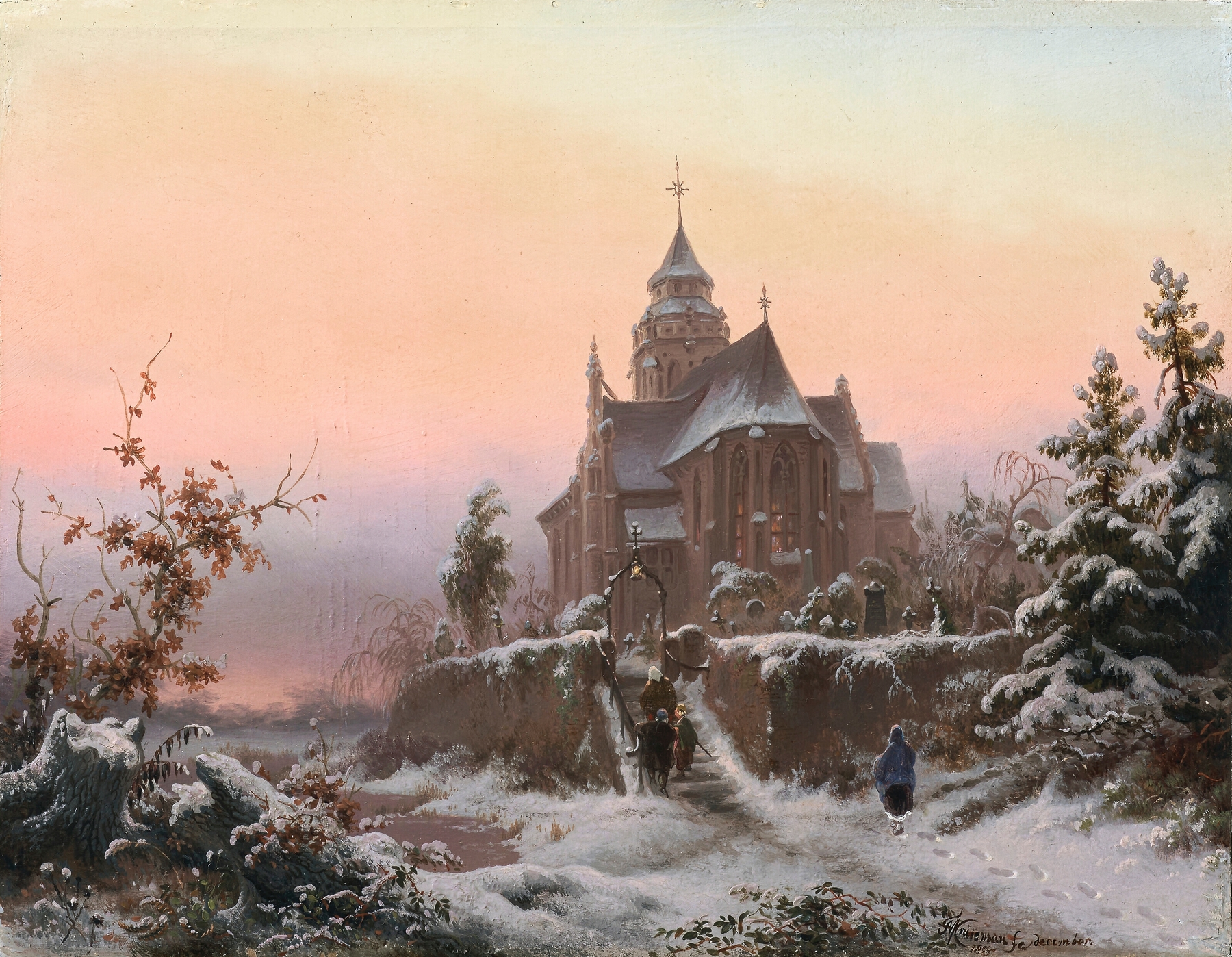 Winter landscape with a solitary figure, oil on canvas by Frederik Marinus Kruseman