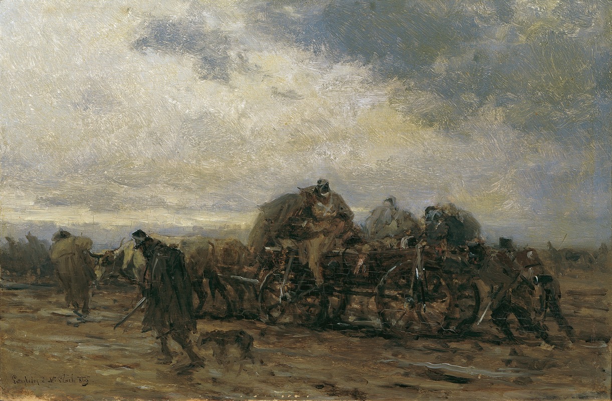 This painting depicts a scene of wounded soldiers being transported during a war.
