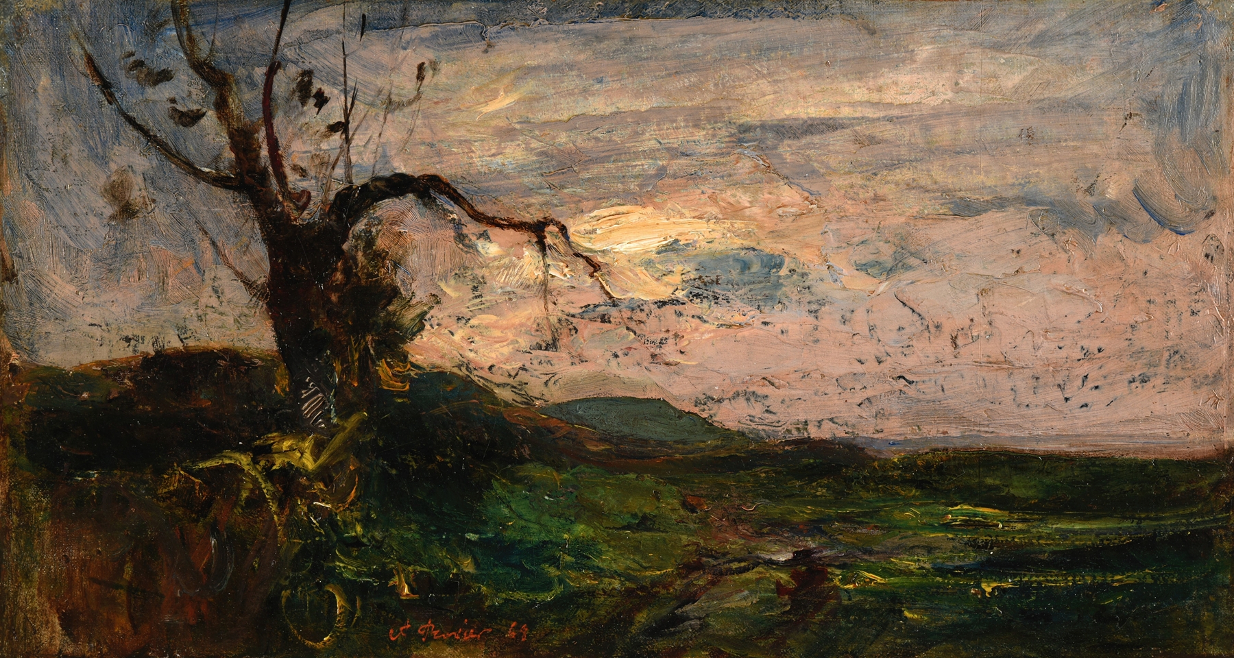 Landscape featuring an ancient tree under a luminous sky, oil painting by François-Auguste Ravier