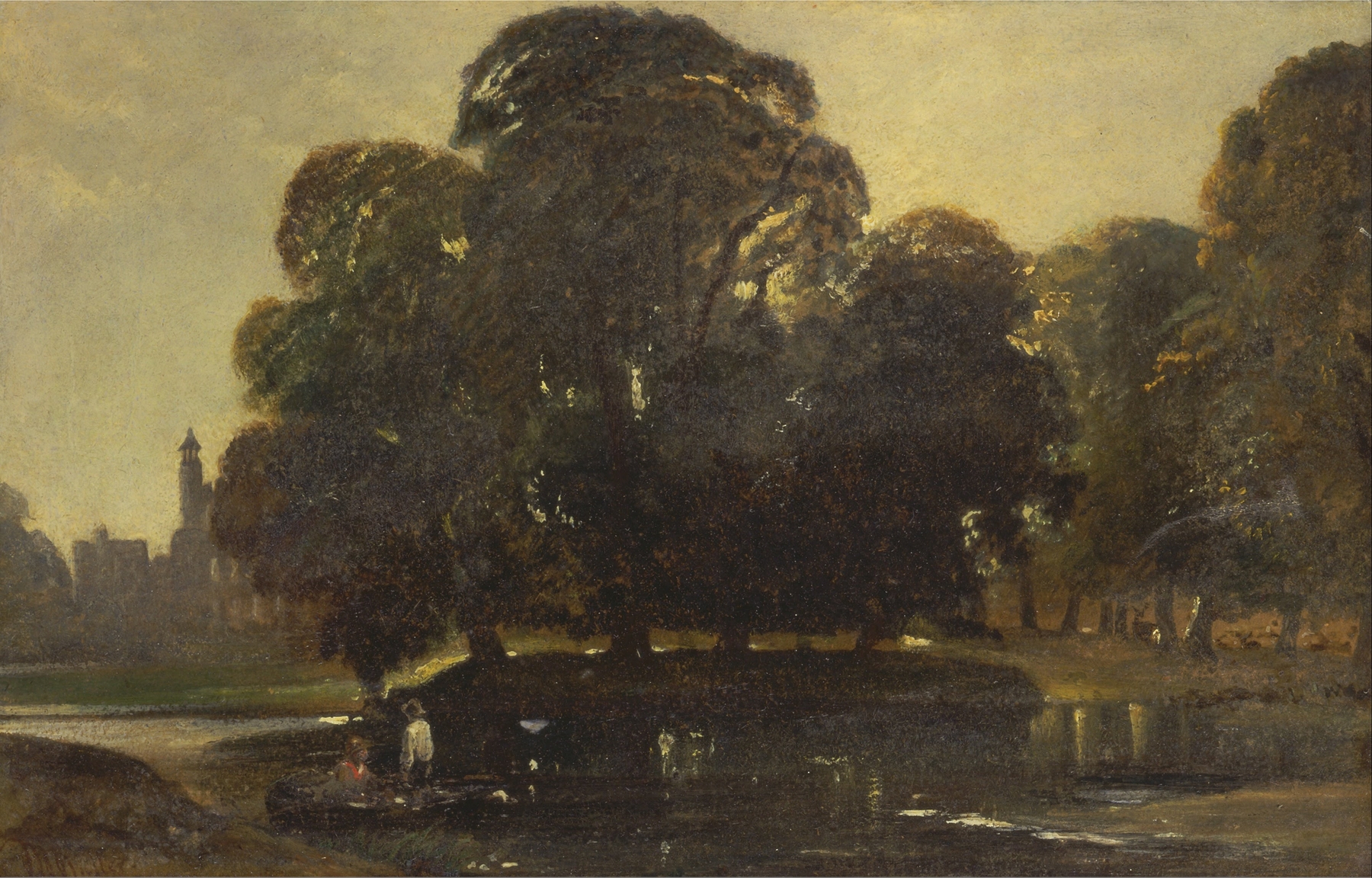 A View of Eton and the Fellows Eyot by William James Müller, oil painting depicting a river and trees.